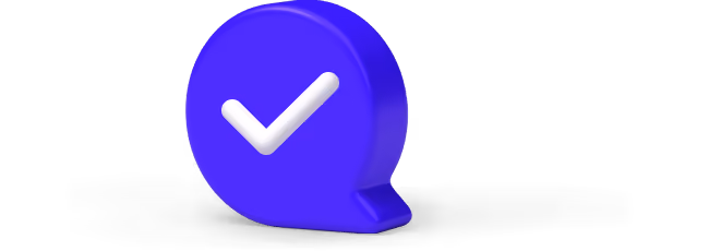 Blue 3D chat bubble with a white check mark inside on a black background.
