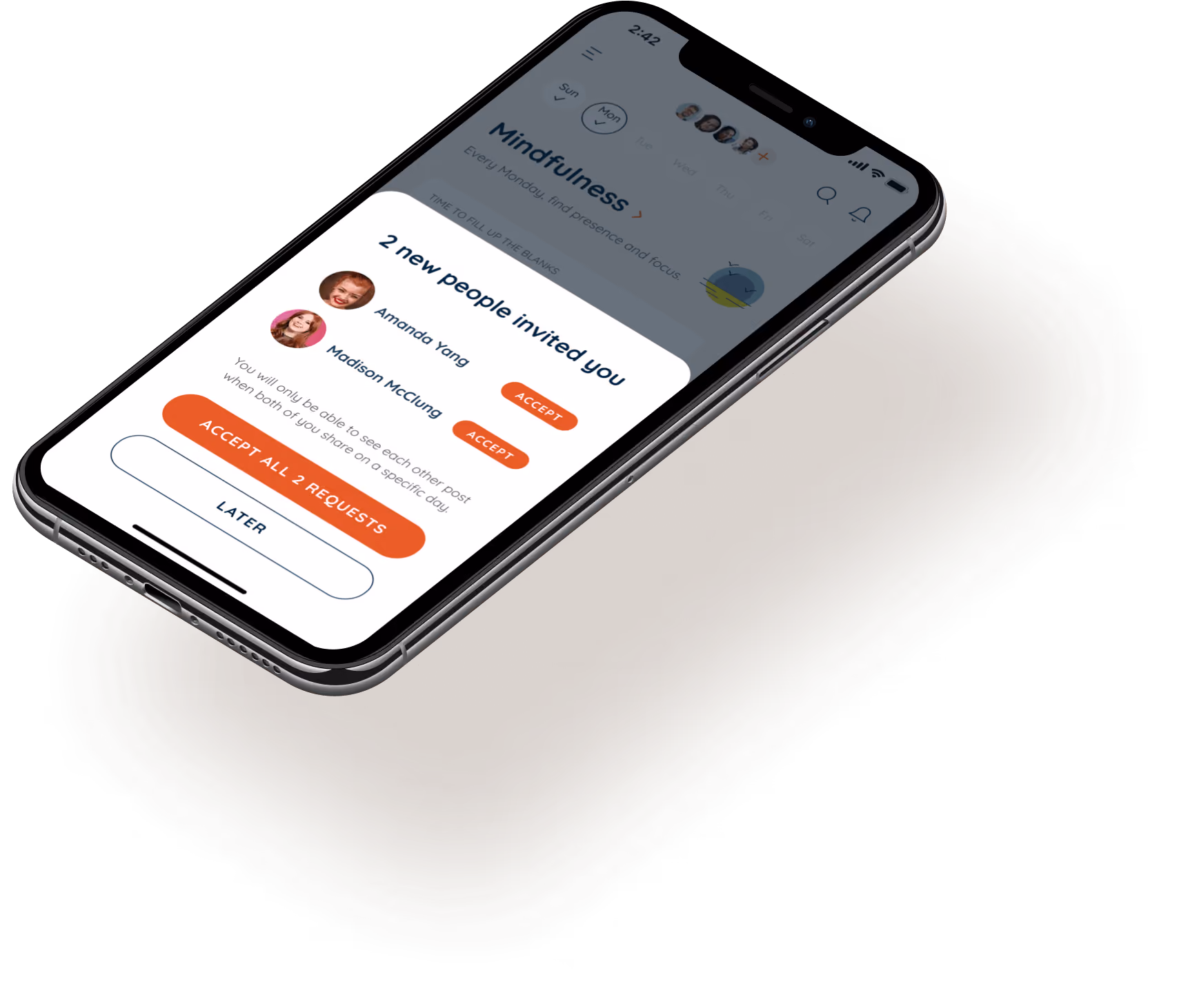Smartphone screen showing a notification for 2 new people invited you, listing Amanda Yang and Madison McClung with options to accept individually or accept all requests.