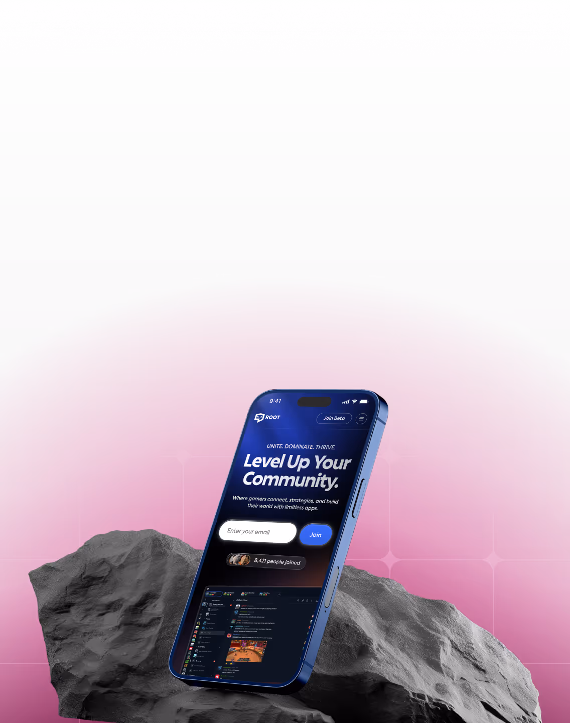 Blue smartphone showing a gaming community app screen with text 'Level Up Your Community' against a pink gradient background and gray rocks.