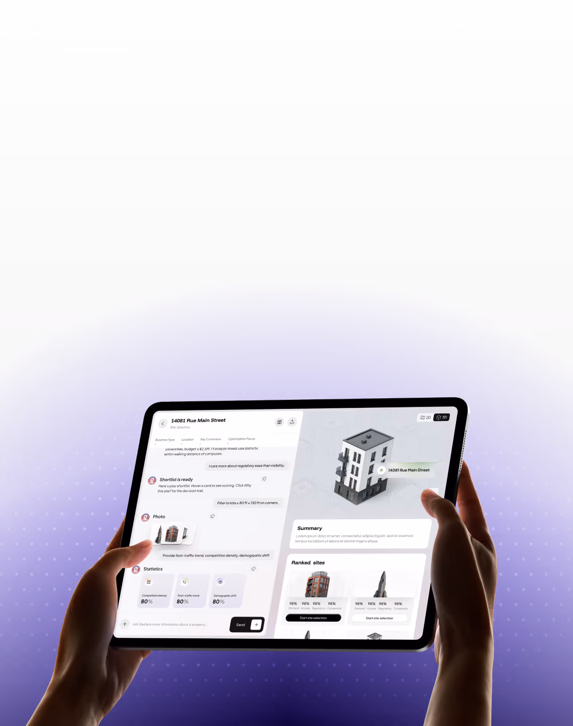 Hands holding a tablet displaying a property analysis app with a 3D building model and site statistics.