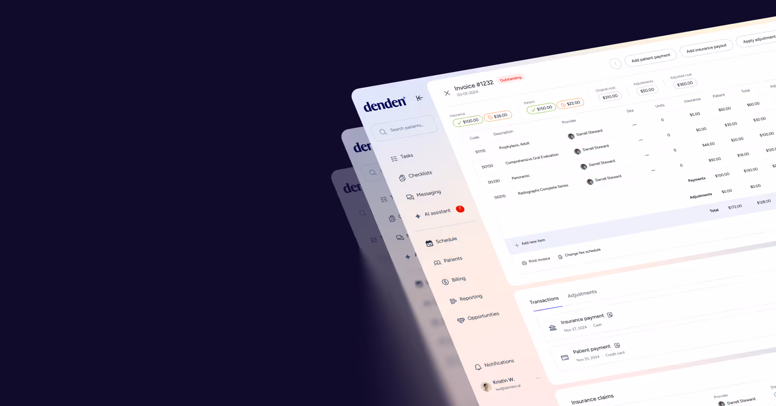 User interface of dental billing software showing an invoice summary with patient payments, insurance payments, adjustment details, and transaction history.