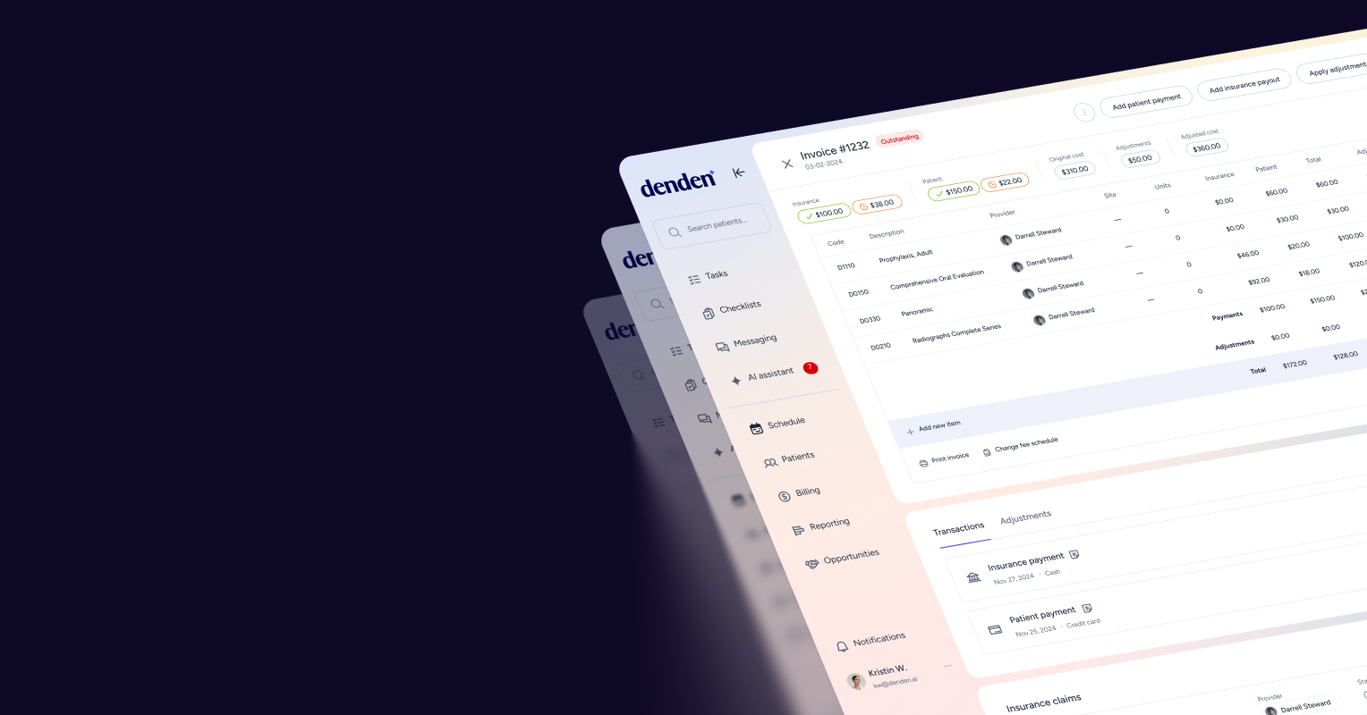 User interface of dental billing software showing an invoice summary with patient payments, insurance payments, adjustment details, and transaction history.