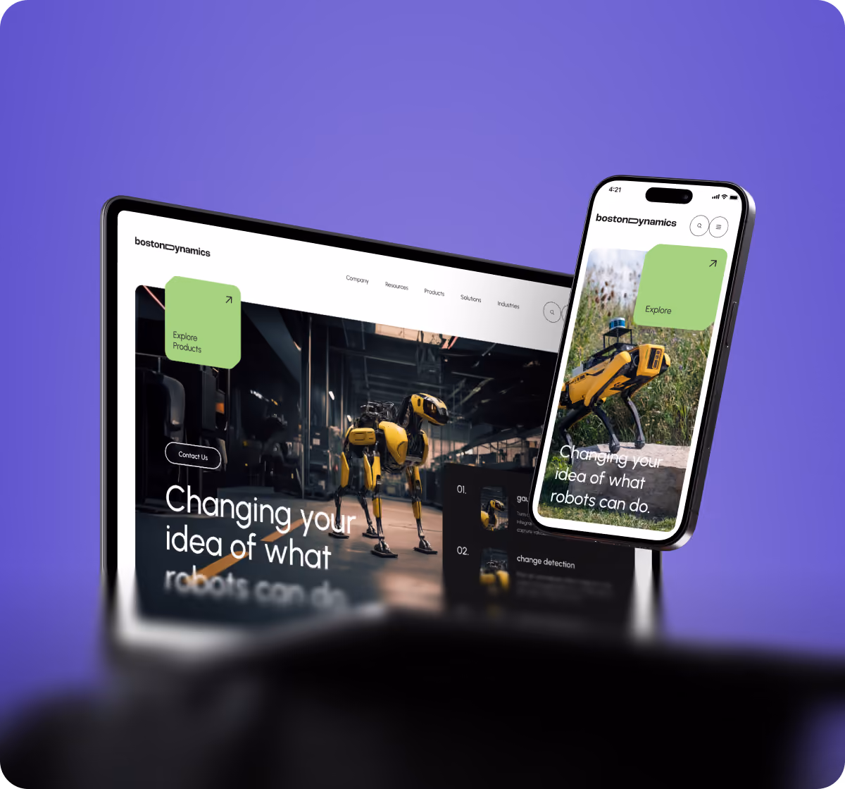 A modern website design for Boston Dynamics, featuring a clean layout and user-friendly navigation for enhanced accessibility, showing on laptop.