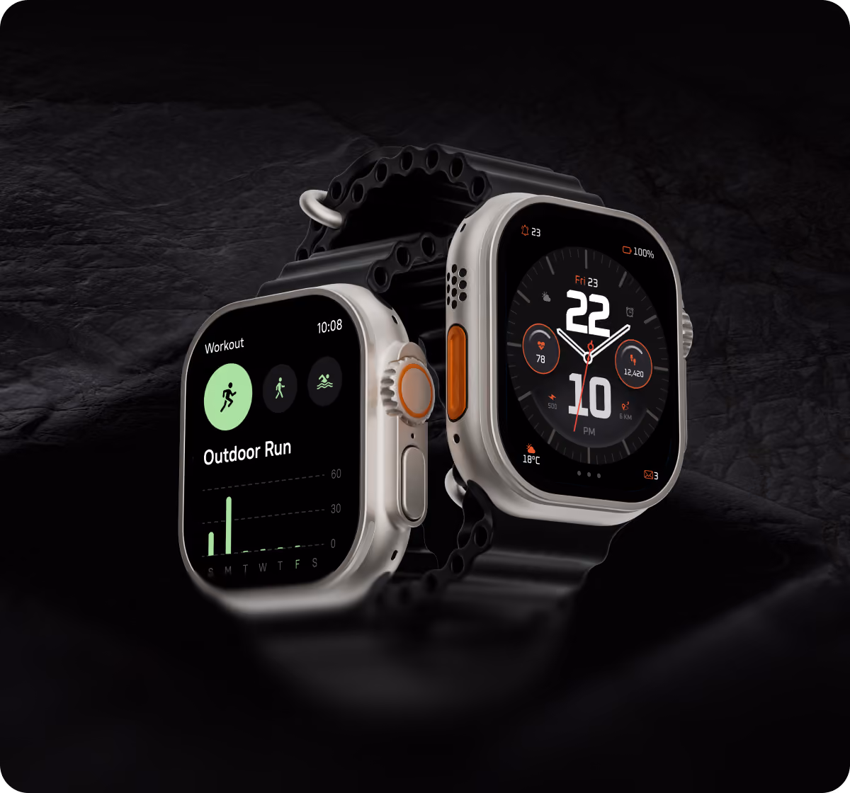Two Apple Watch Series 4 devices displaying various applications on their screens side by side.