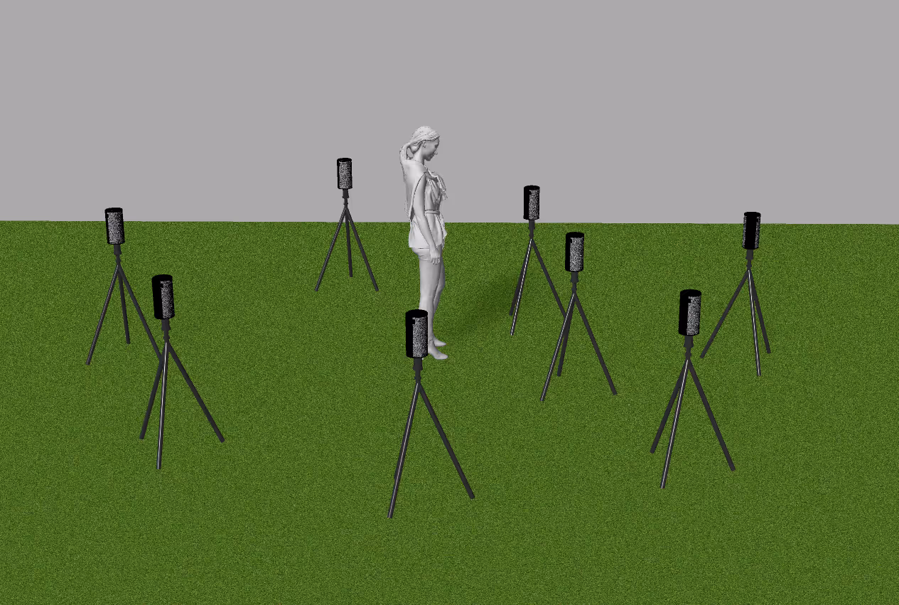 Conceptual mockup showing the Surroundings installation setup with multiple audio channels and lighting elements arranged in a gallery space