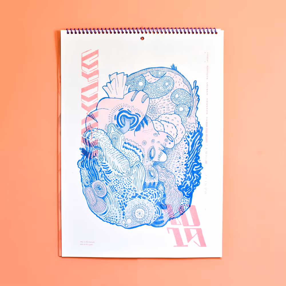 Hand-drawn risograph illustration featuring organic flowing forms in vibrant colors, created for Moniker Press artists calendar