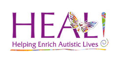 Logo for HEAL with a colorful butterfly and the tagline 'Helping Exactly Autistic Lives'.