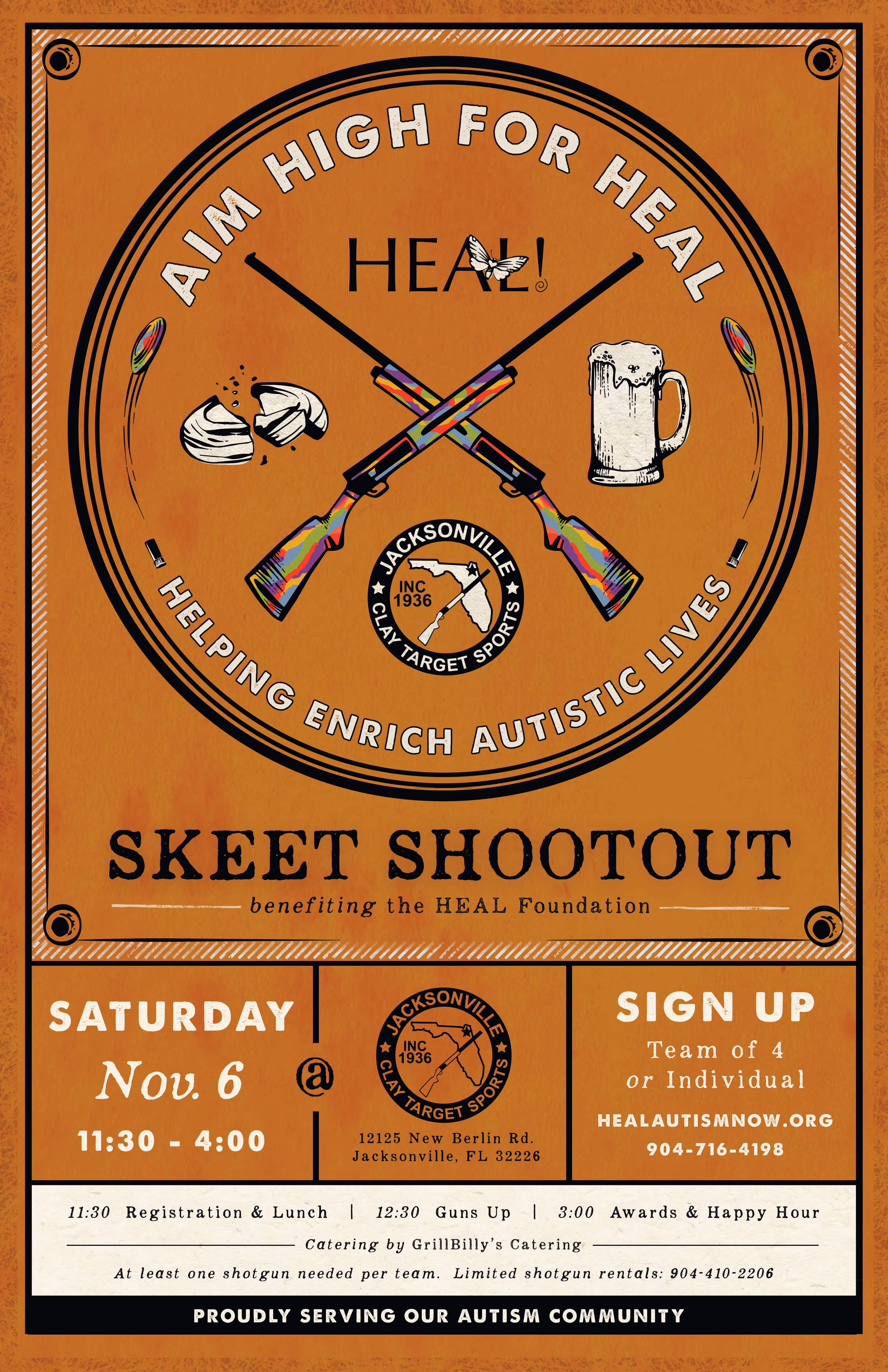 Poster for Aim High for HEAL skeet shootout event on Saturday, Nov. 6, 11:30-4:00 at Jacksonville Clay Target Sports, benefiting the HEAL Foundation to support autistic lives.