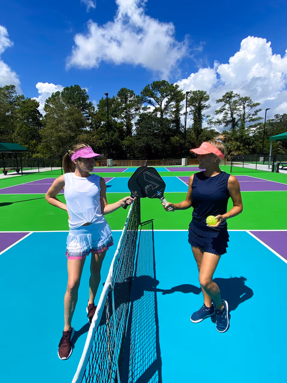 Two women on a colorful pickleball court bumping paddles over the net, one holding a ball.