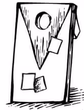 Black and white sketch of a cornhole board with two bean bags on it and one in the hole.