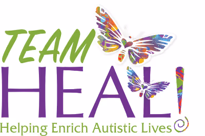Logo with colorful butterflies and text 'TEAM HEAL! Helping Enrich Autistic Lives' in green and purple.