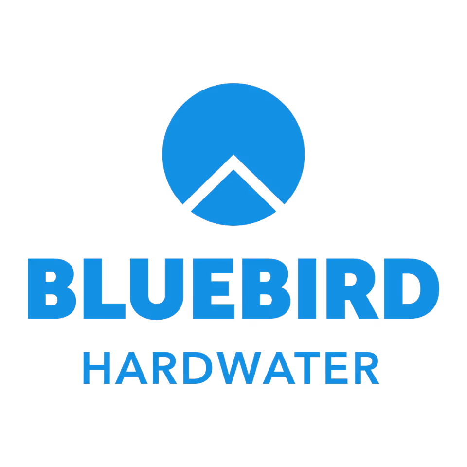 Bluebird Hardwater company logo with a blue circle and geometric shapes above the text.