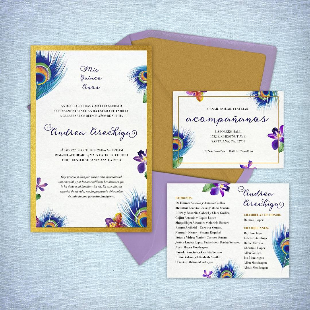 15th birthday invitation and inserts- peacock and gold theme