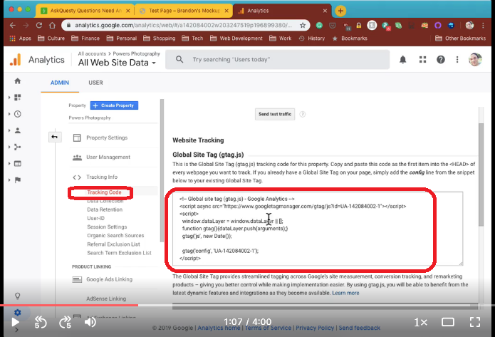 Go to the Code and it’s going to bring up the Global Site Tag.  This right here is all you need to connect Google Analytics to WordPress. Copy global site tag.