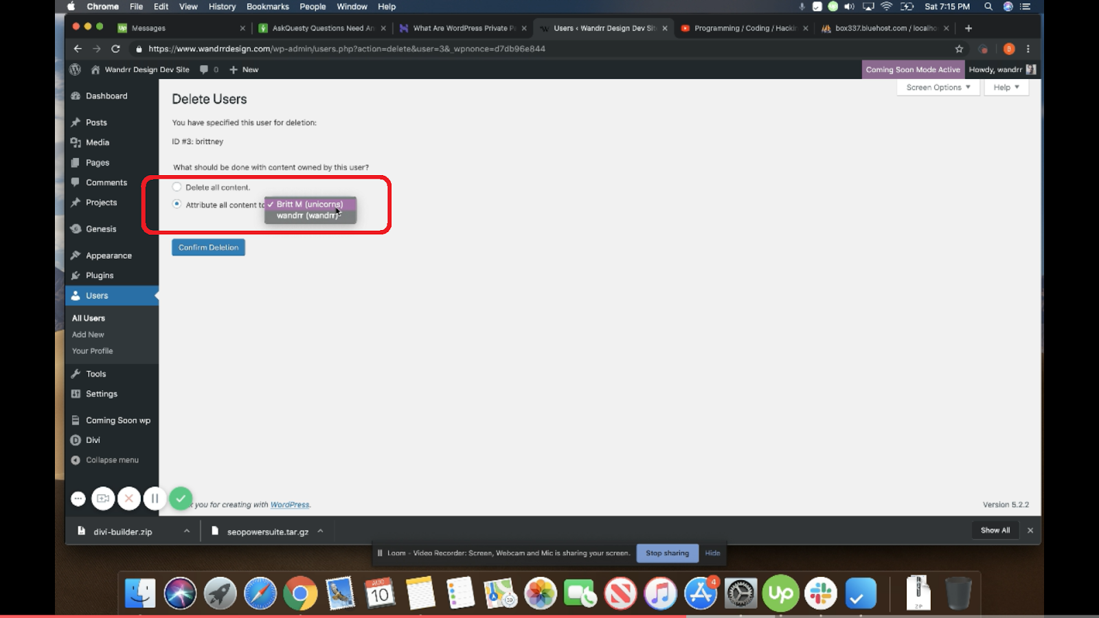 Be careful not to select “Delete all contents”. Choose the second option which is “Attribute all content”, click the drop down menu, then select the new user you created then click “Confirm Deletion”. This will transfer all your contents from the old user to the new one.