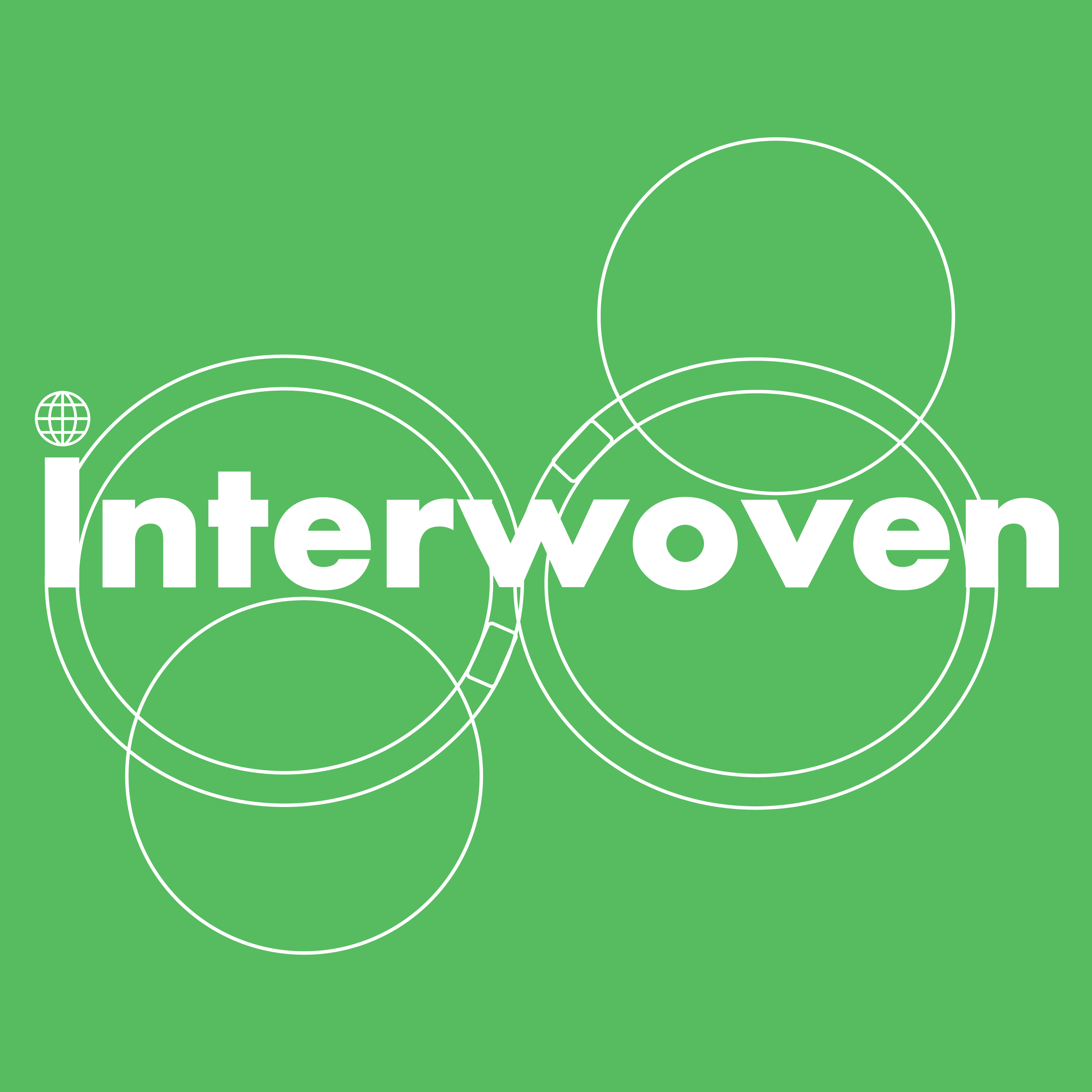 White text reading 'Interwoven' with overlapping white circles on a green background.