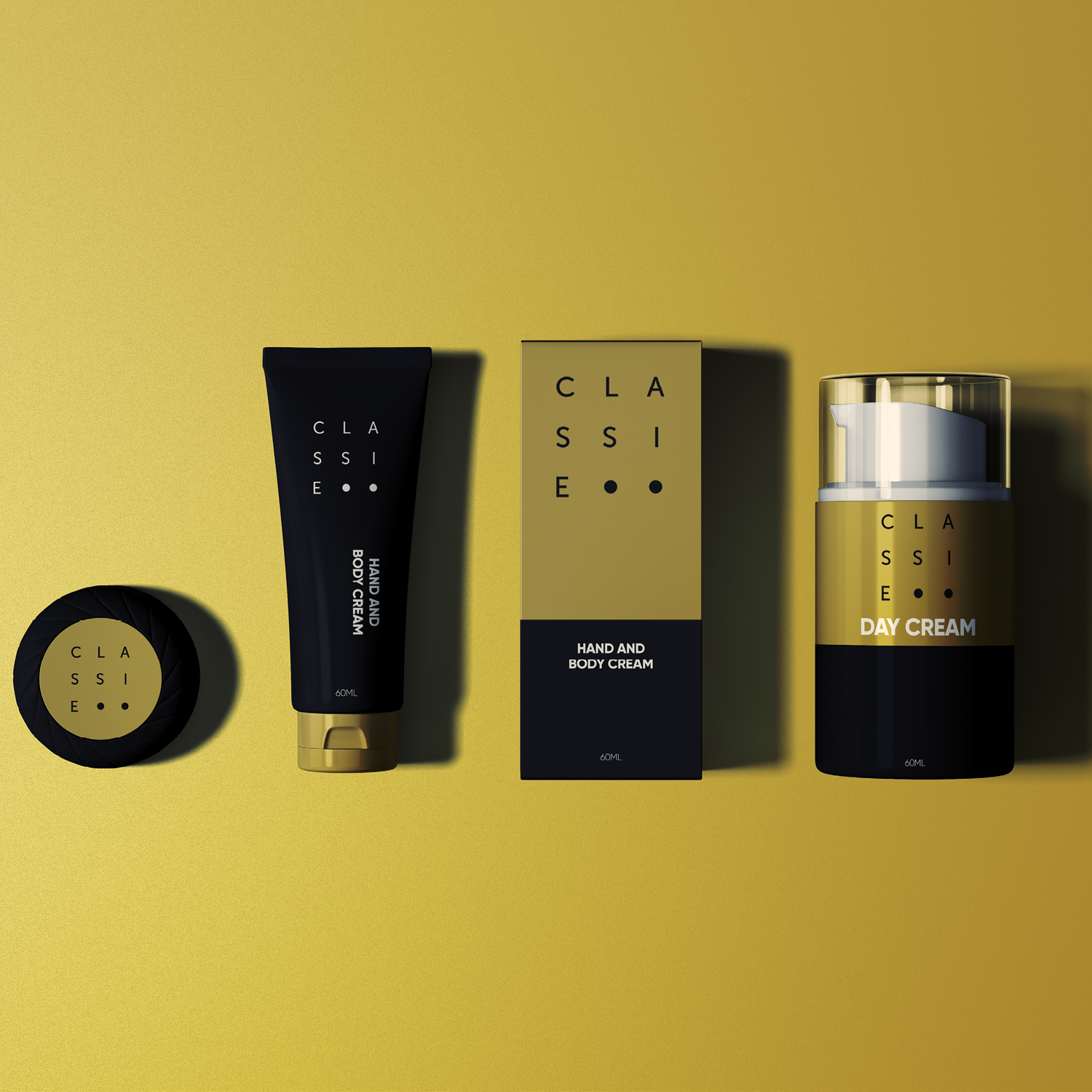 Set of four Classie cosmetics products including a round container, hand and body cream tube, matching box, and day cream pump bottle on a yellow background.