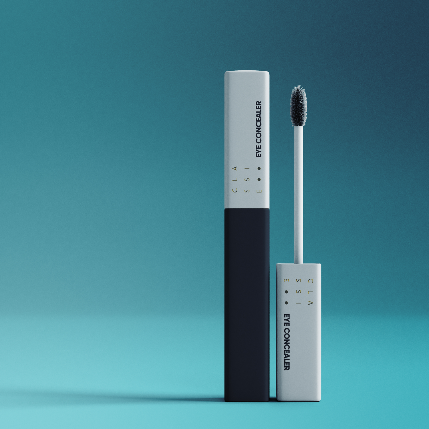 Closed and open tubes of Classie Cosmetics eye concealer on a teal background.