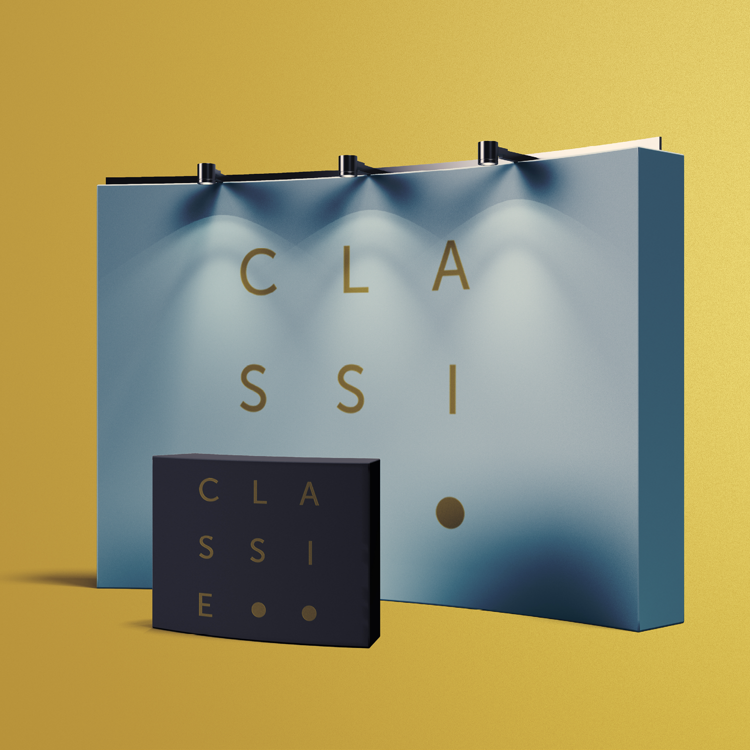 Two cosmetic boxes with the word 'CLASSIE' in gold letters on a blue and black background, against a yellow surface.