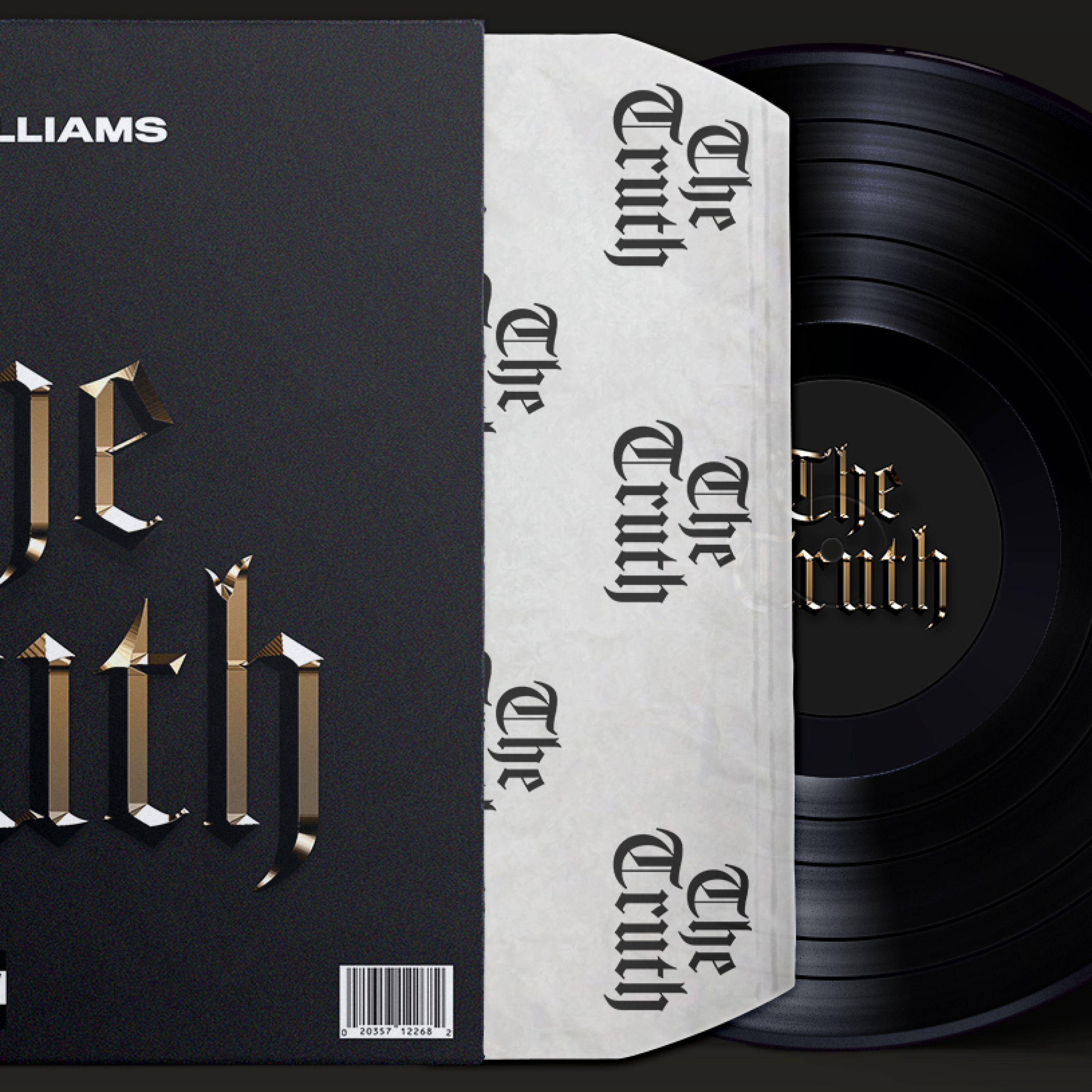Partially pulled out vinyl record with black cover titled 'The Truth' in gold gothic font and white paper sleeve with repeated 'The Truth' text.
