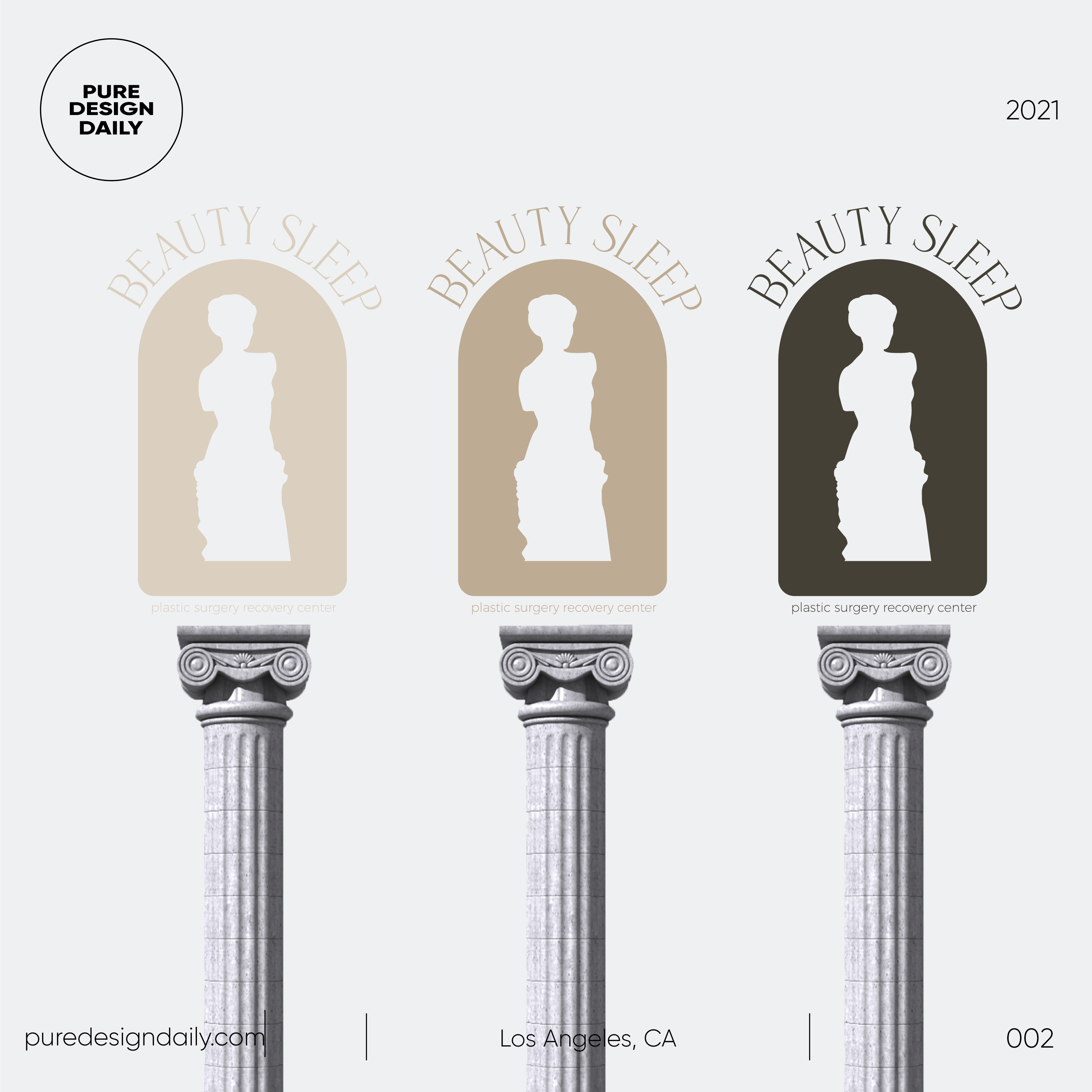 Three stylized logos for Beauty Sleep plastic surgery recovery center above classical pillars, with different beige to dark backgrounds and silhouette of the Venus de Milo statue.
