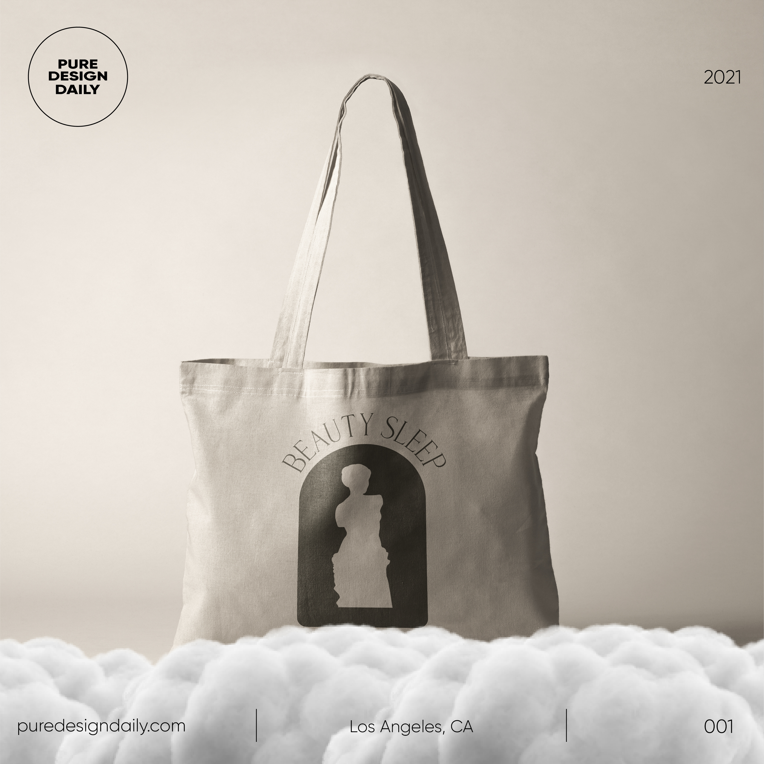 Beige tote bag with black silhouette of a classical statue and text 'BEAUTY SLEEP' above it, surrounded by clouds at the bottom.