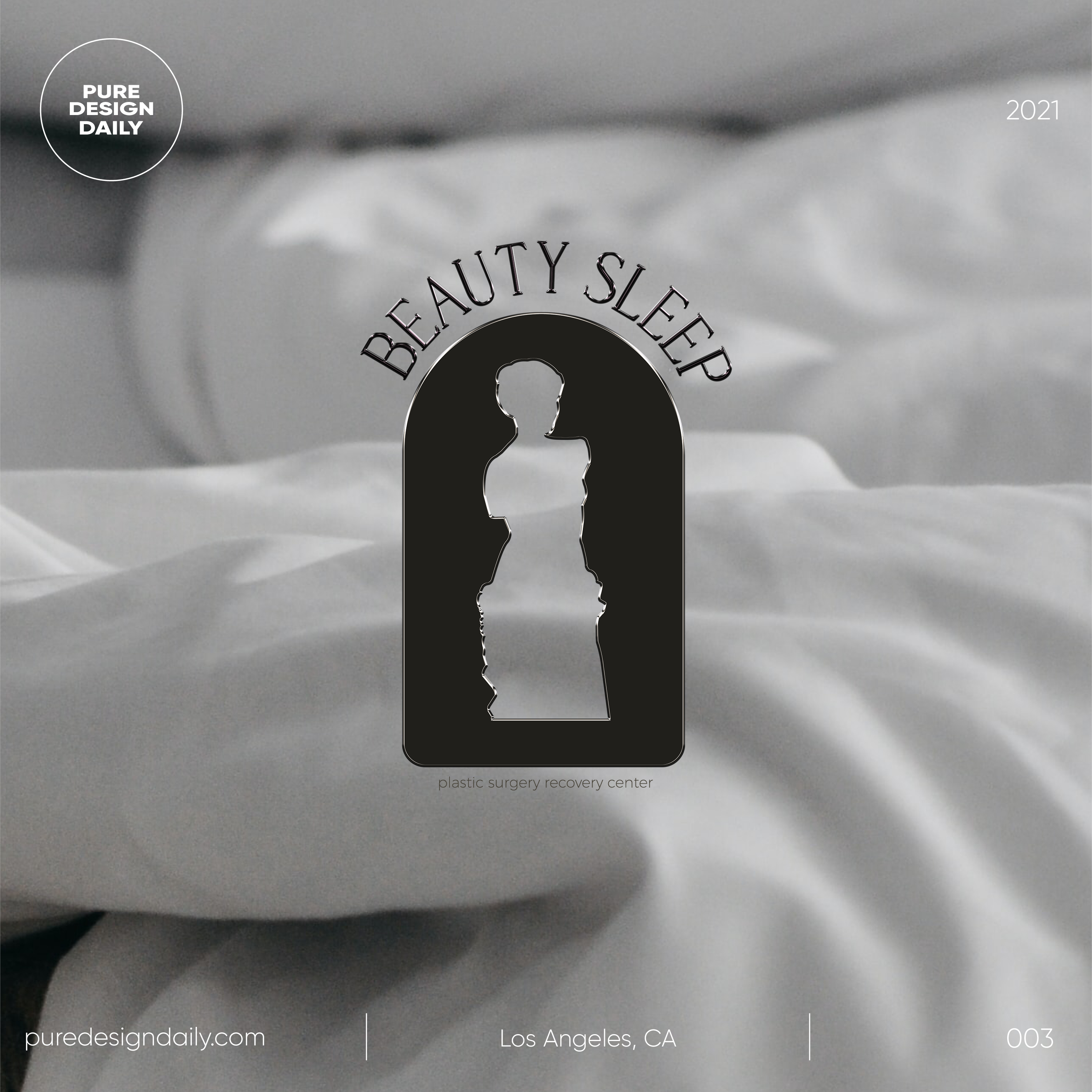 Logo for Beauty Sleep plastic surgery recovery center over a background of white crumpled bedsheets.