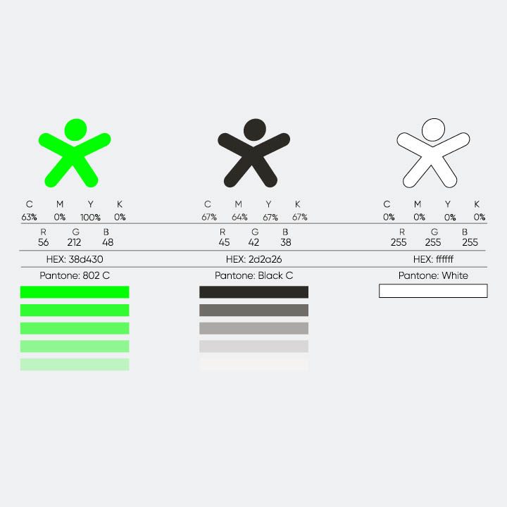 Color specification chart showing three icons in green, black, and white with corresponding CMYK, RGB, HEX, and Pantone values and gradient swatches.