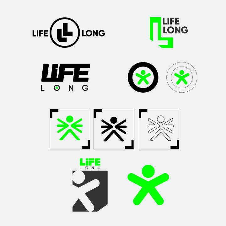 Nine black and green life-oriented logo concepts featuring stylized human figures, abstract shapes, and the text 'LIFE LONG' on a light gray background.