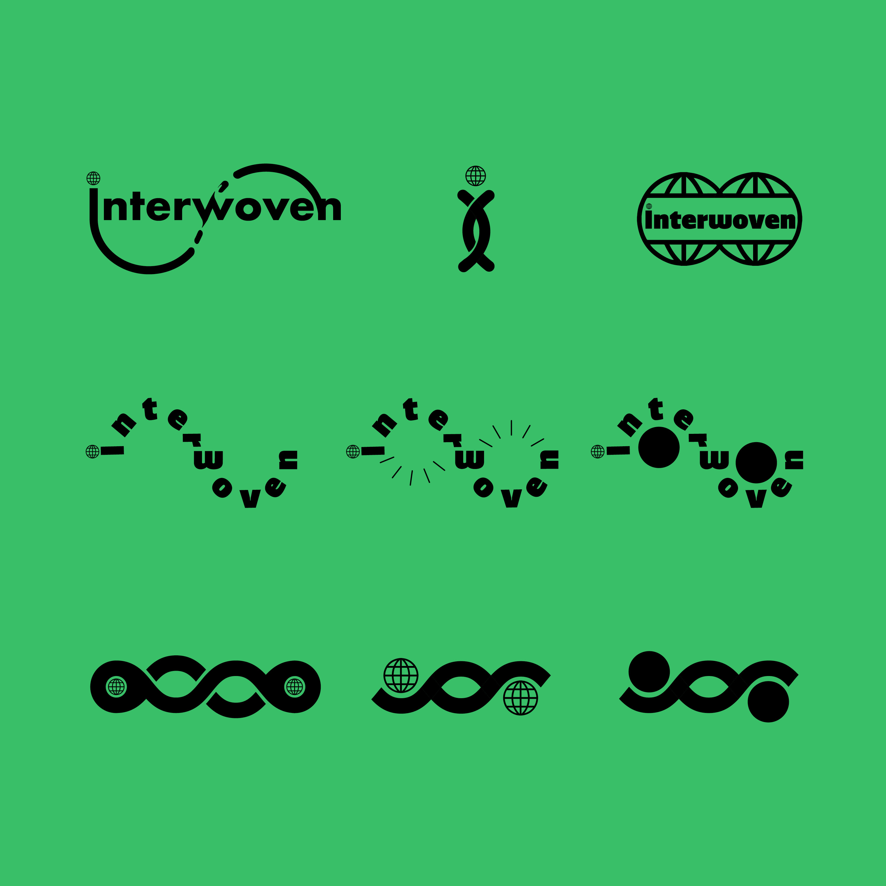 Black stylized logos featuring the word 'Interwoven' with globe icons and interconnected curved lines on a green background, arranged in three rows of three designs each.
