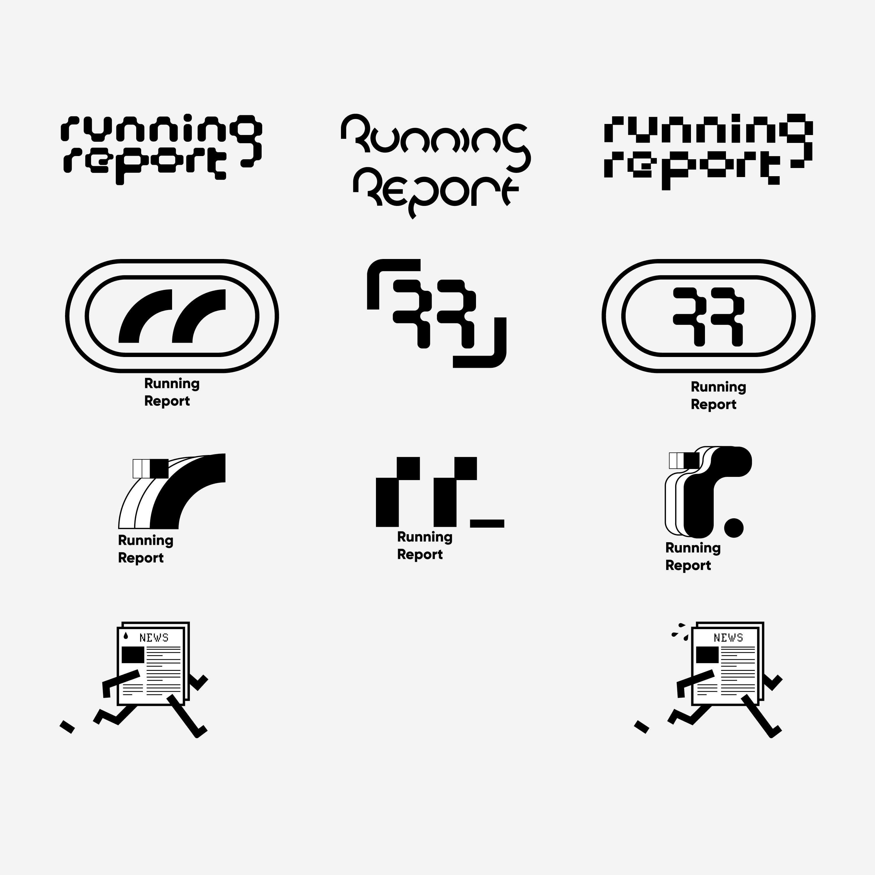 Grid of twelve black and white graphic logo designs, most with text 'Running Report' in modern, stylized fonts, and two icons featuring running newspapers.