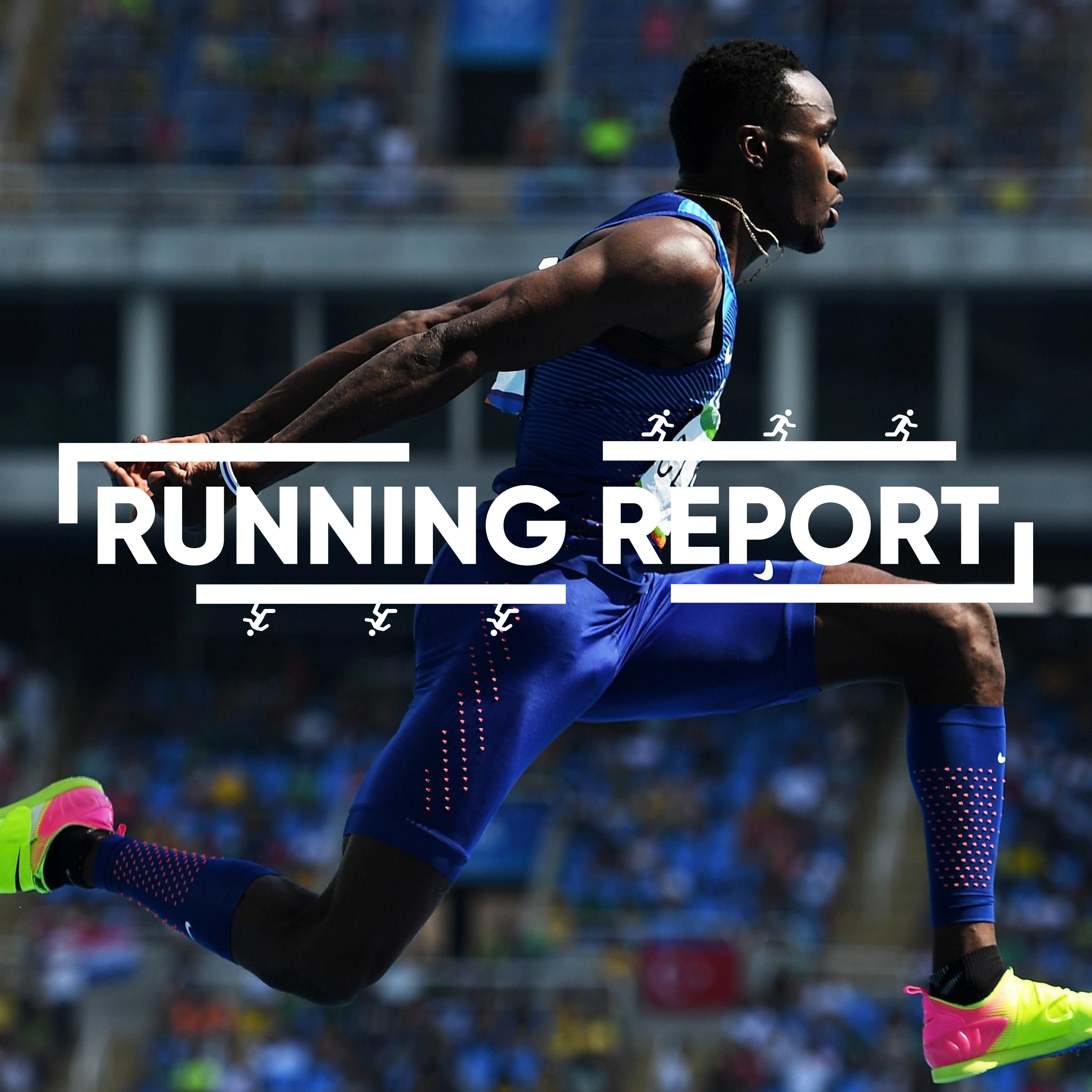 Athlete in blue running attire and neon yellow shoes mid-air during a sprint in a stadium, with the text 'RUNNING REPORT' overlayed.
