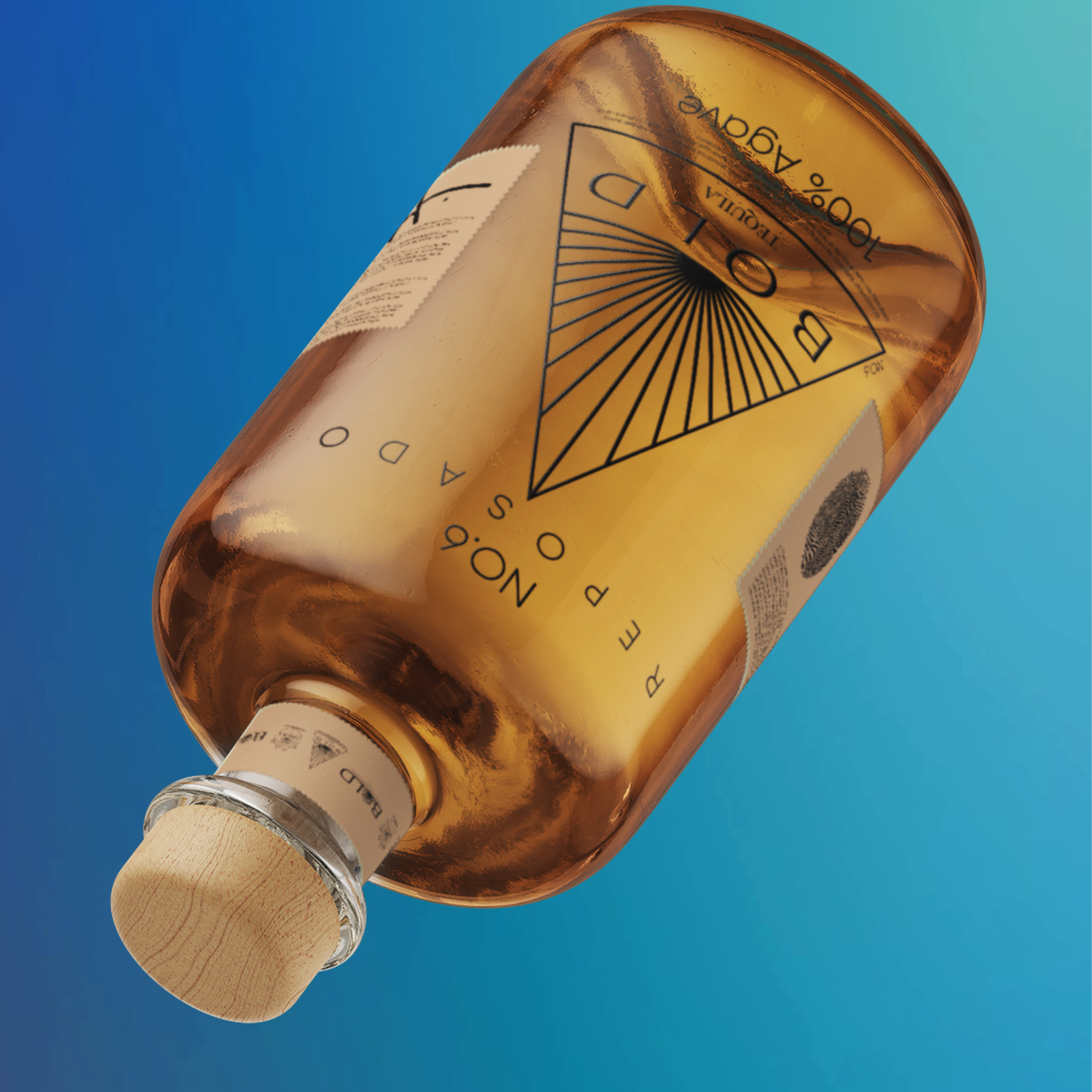 Tilted amber bottle of Bold Tequila 100% agave with a wooden cork against a blue gradient background.