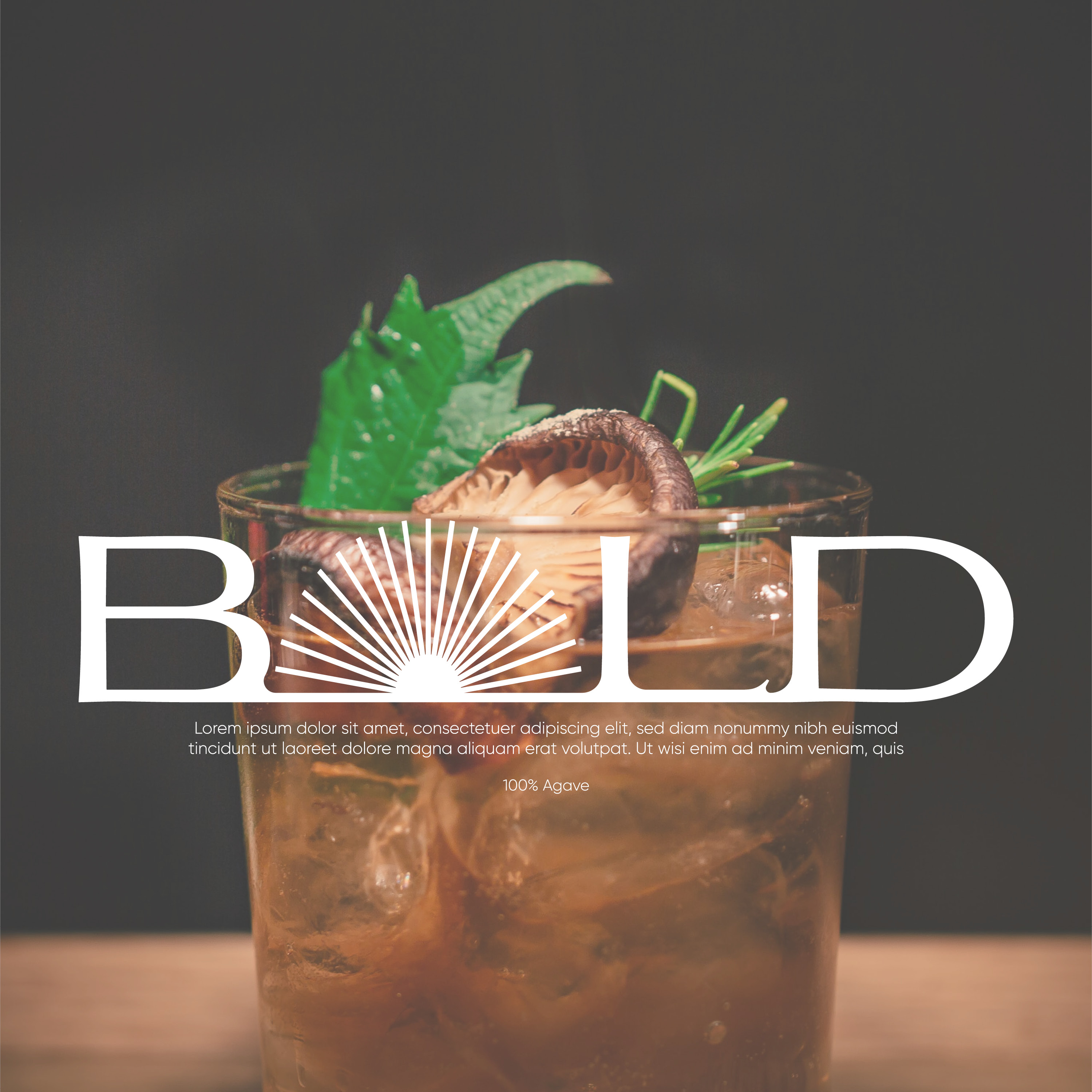 Glass of iced cocktail garnished with mushroom, green leaves, and herbs on a wooden surface with dark background.