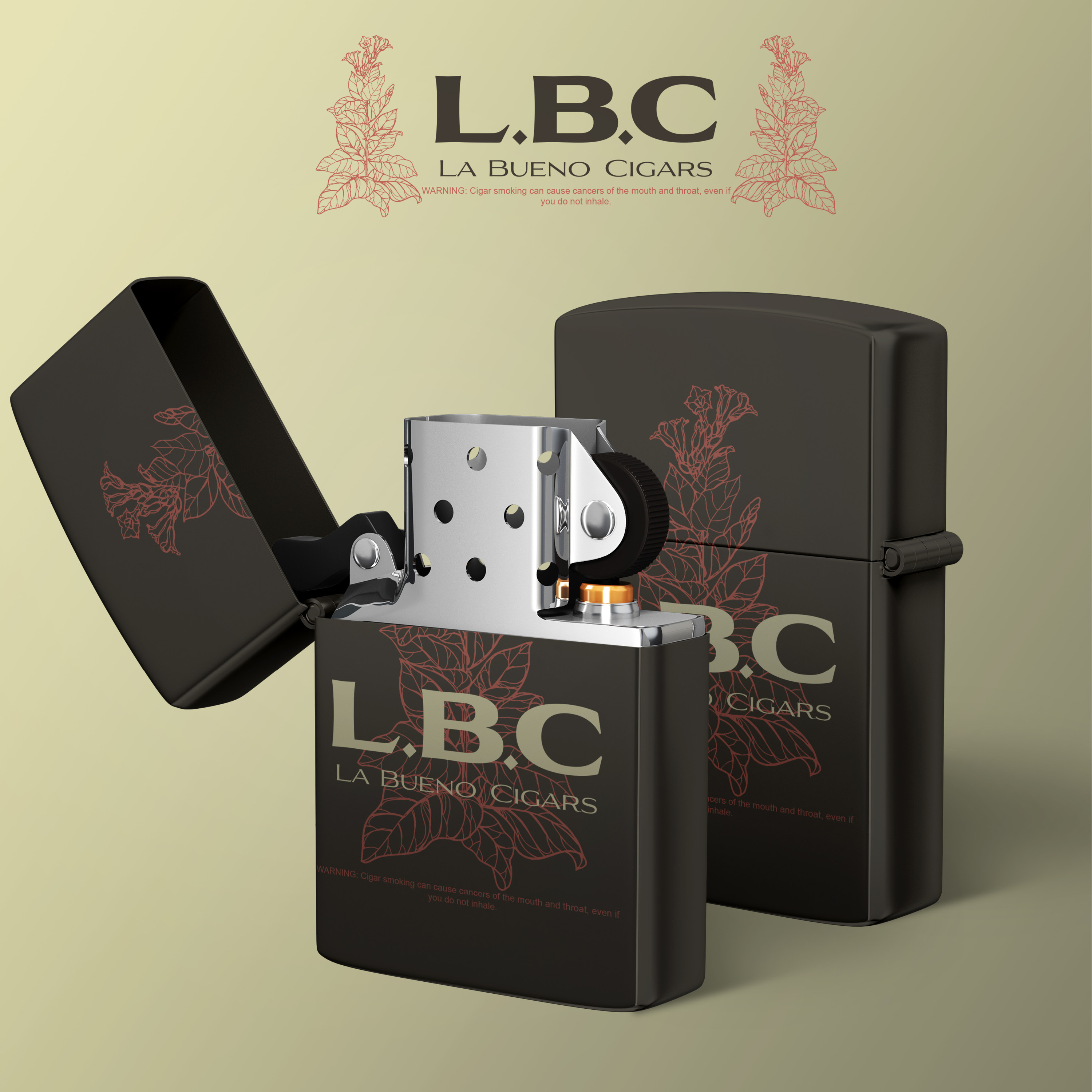 Black metal lighter with floral design and text 'L.B.C La Bueno Cigars', one lighter open and one closed, against a beige background.