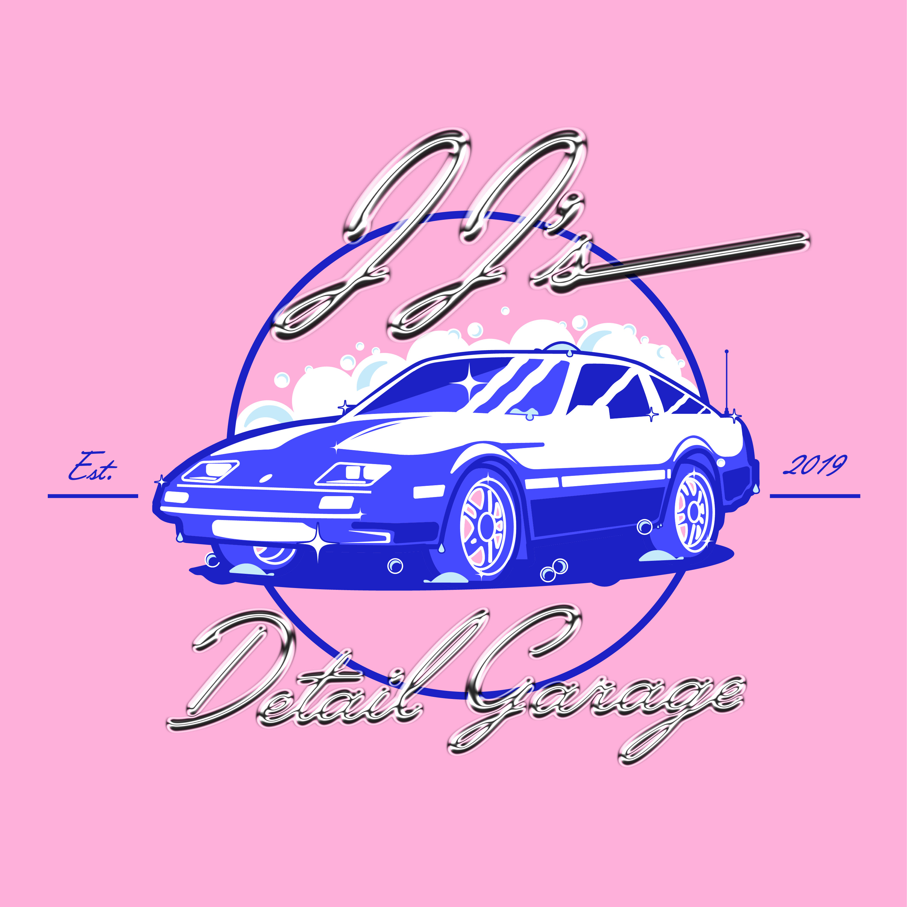 Blue and white stylized car surrounded by bubbles with text JJ's Detail Garage Est. 2019 on pink background.