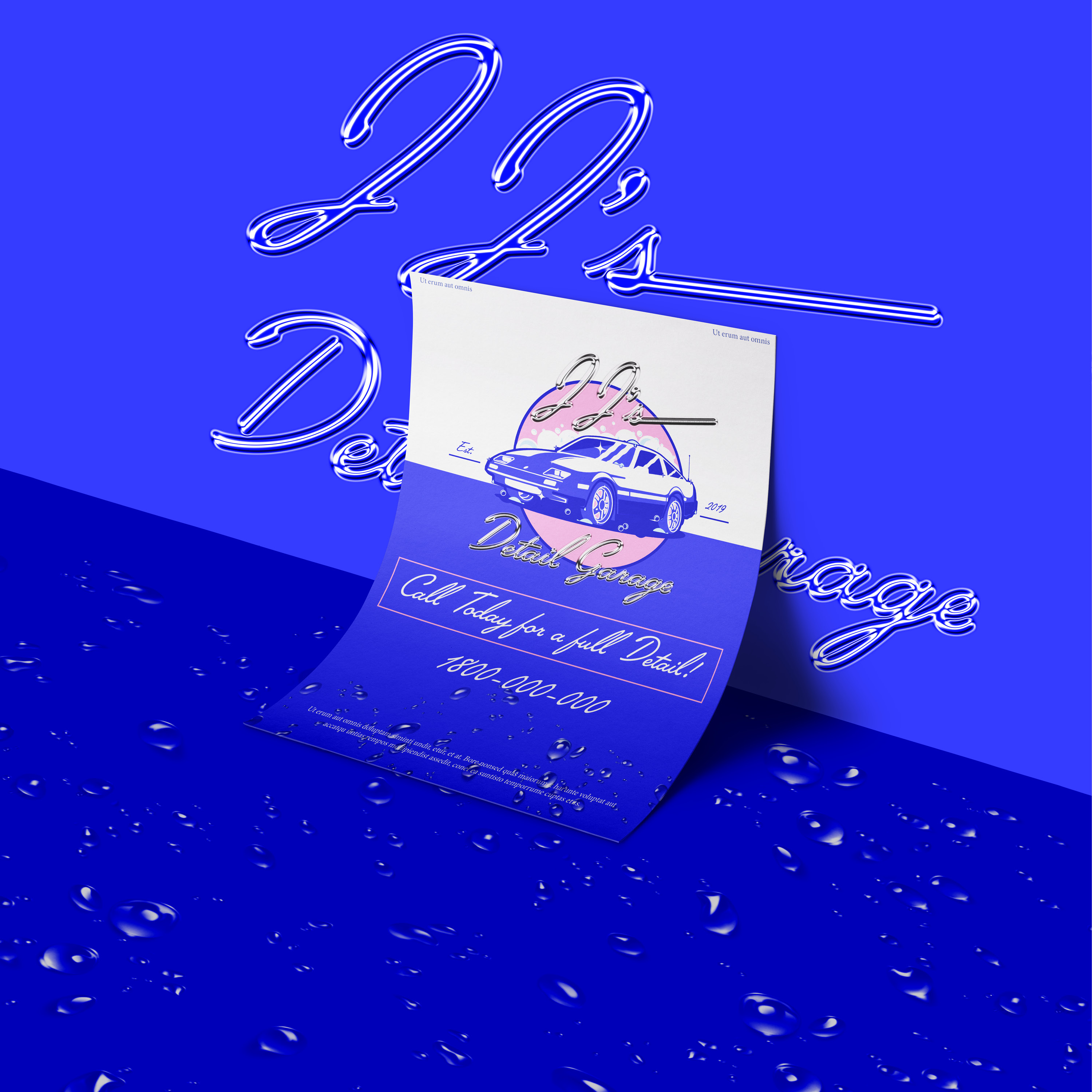 Blue and white flyer for JJ's Detail Garage featuring a car illustration and call to action with phone number, on a blue wet surface.