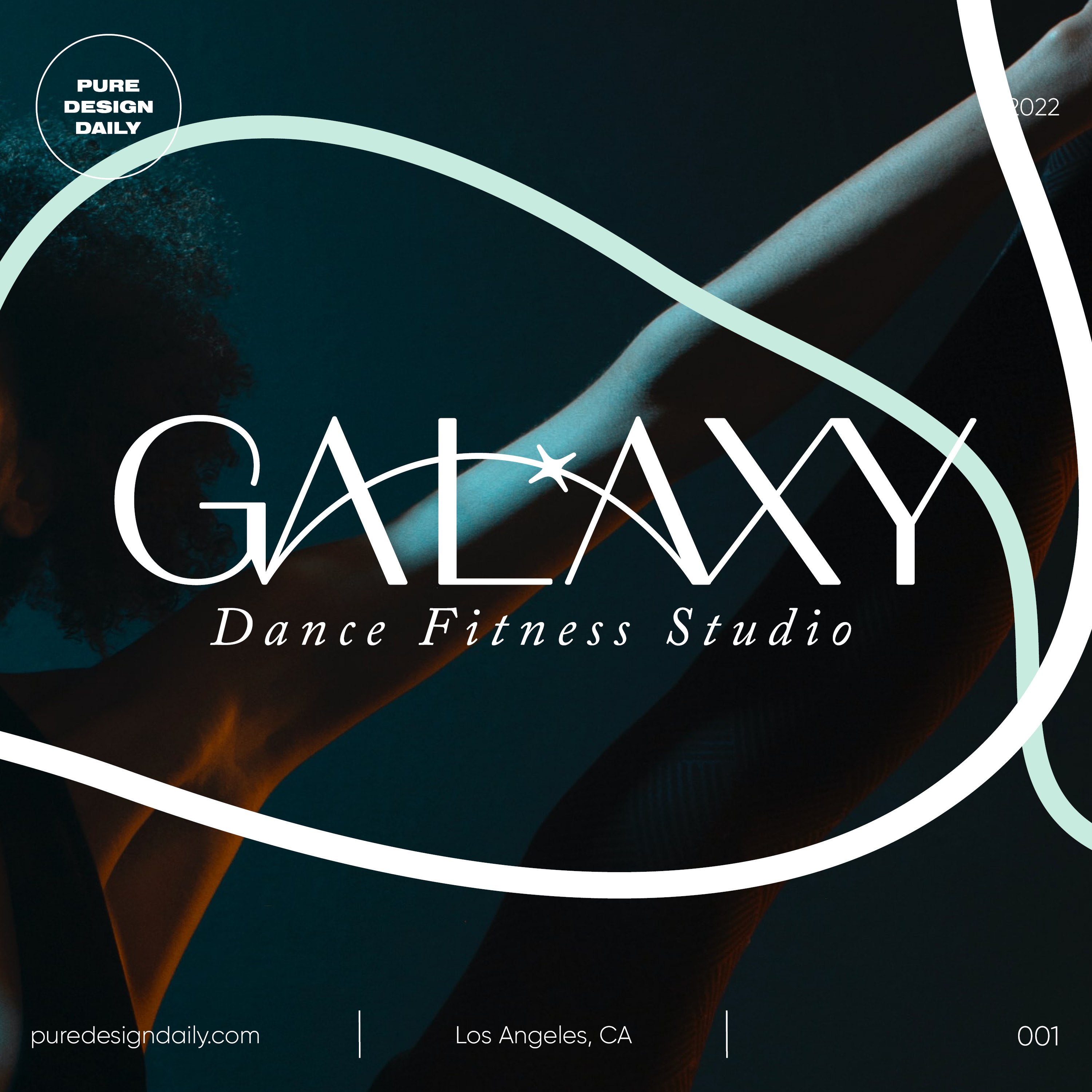 Woman stretching with one arm raised and leg extended, overlaid with Galaxy Dance Fitness Studio text and curved graphic lines.
