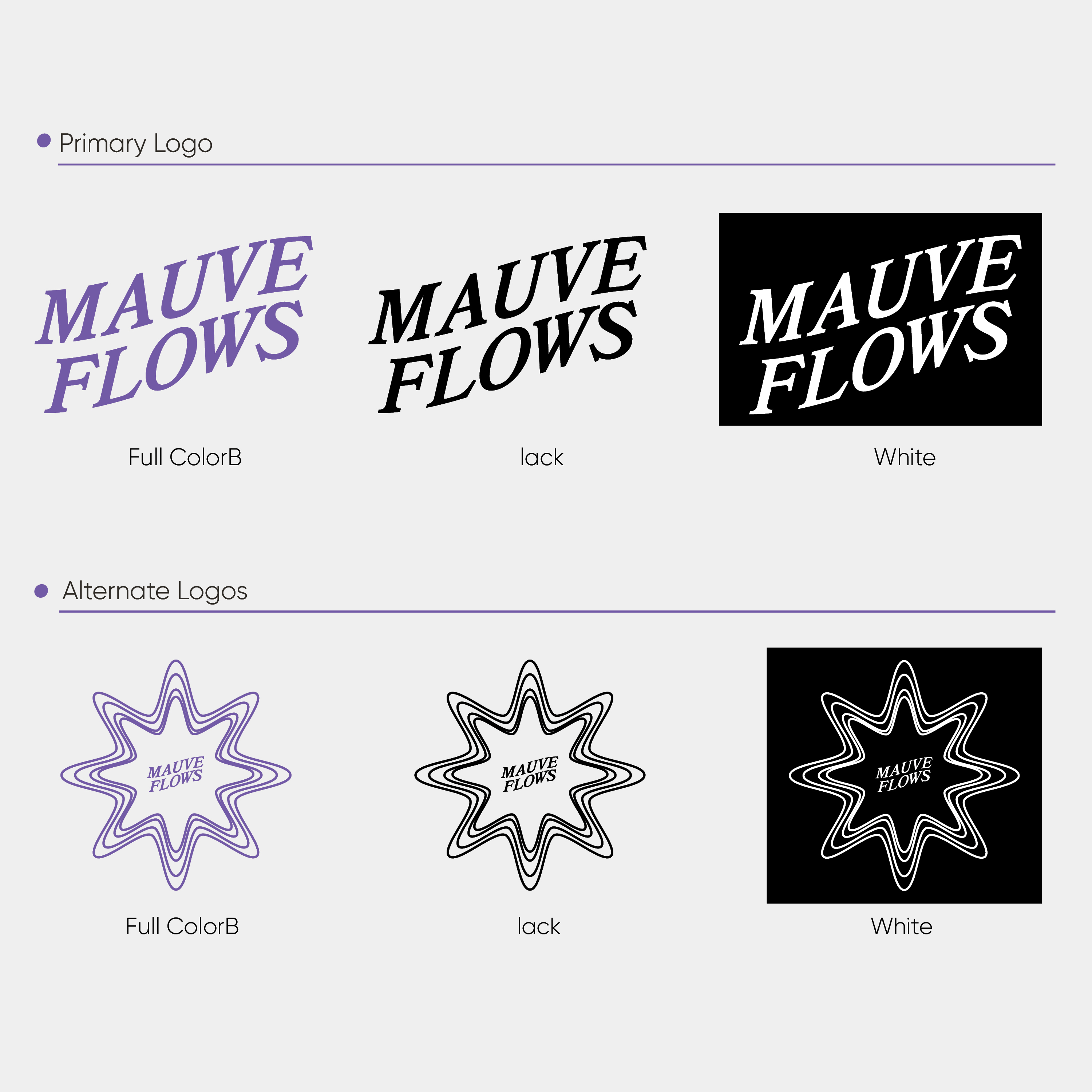 Set of 'Mauve Flows' logos showing primary logos in mauve, black, and white, plus alternate starburst logos in the same three color schemes.