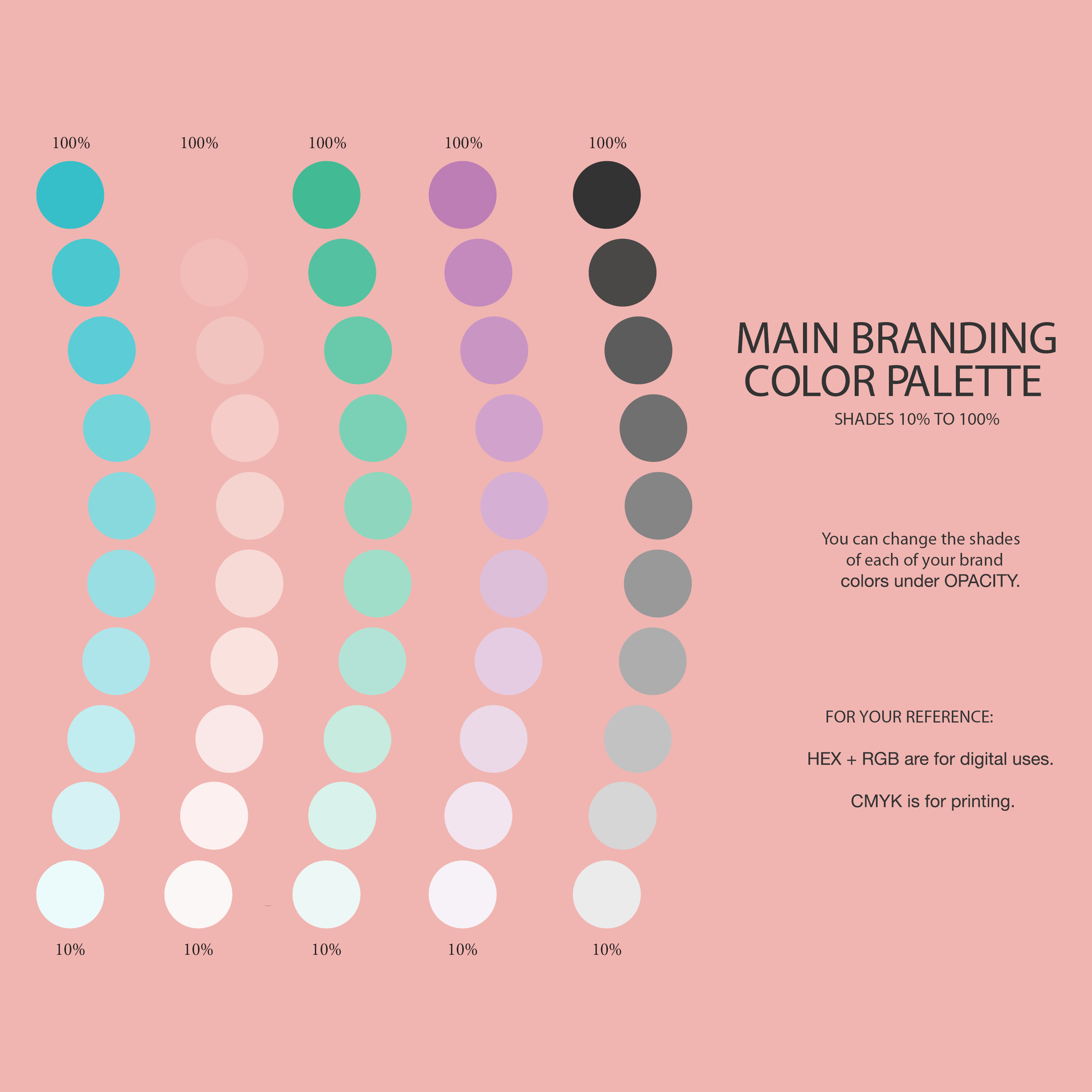Color palette showing five vertical columns of circles with shades from 10% to 100% opacity in turquoise, pink, green, purple, and gray on a pink background with branding instructions.