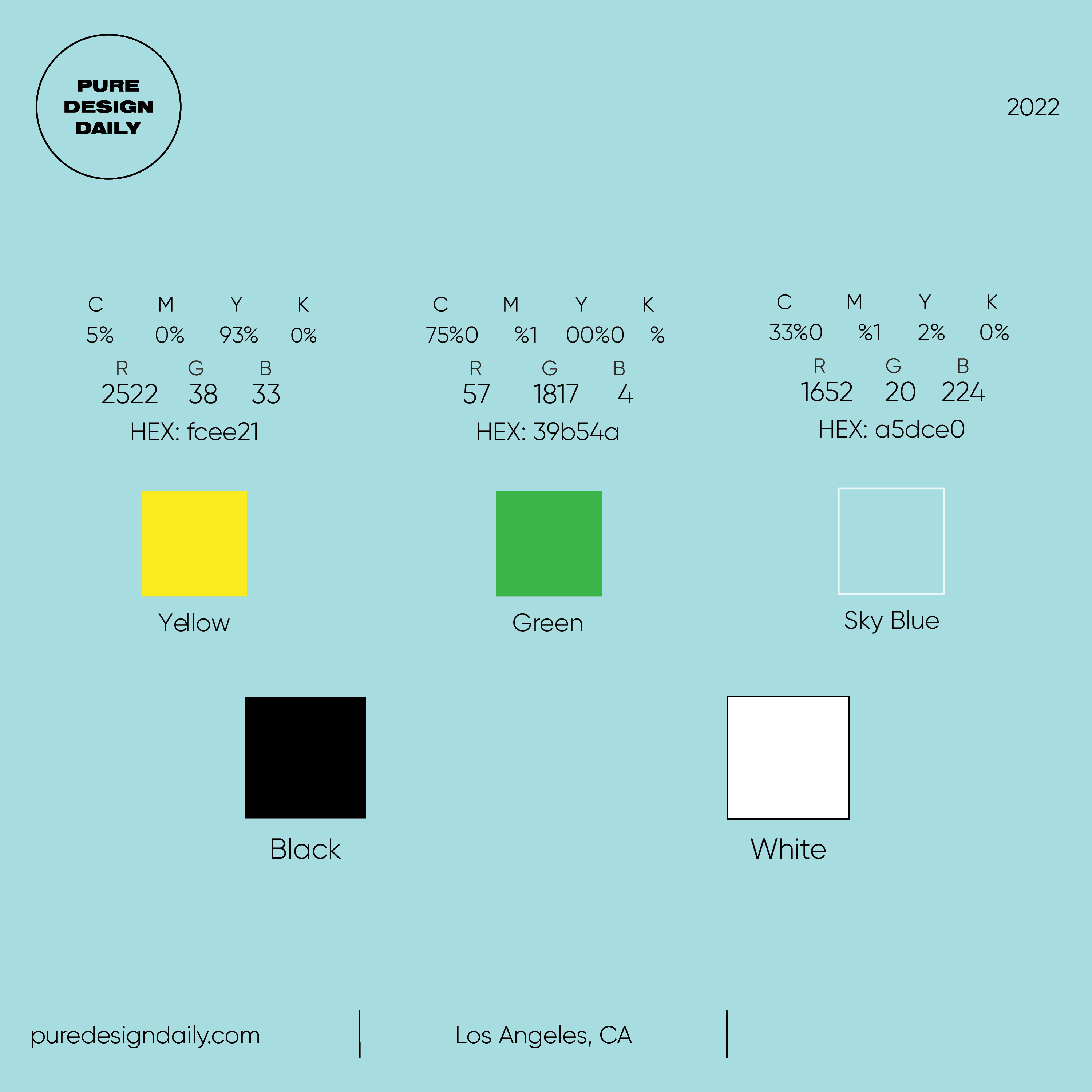 Color palette for 2022 showing Yellow, Green, Sky Blue, Black, and White with their CMYK, RGB, and HEX codes on a light blue background.