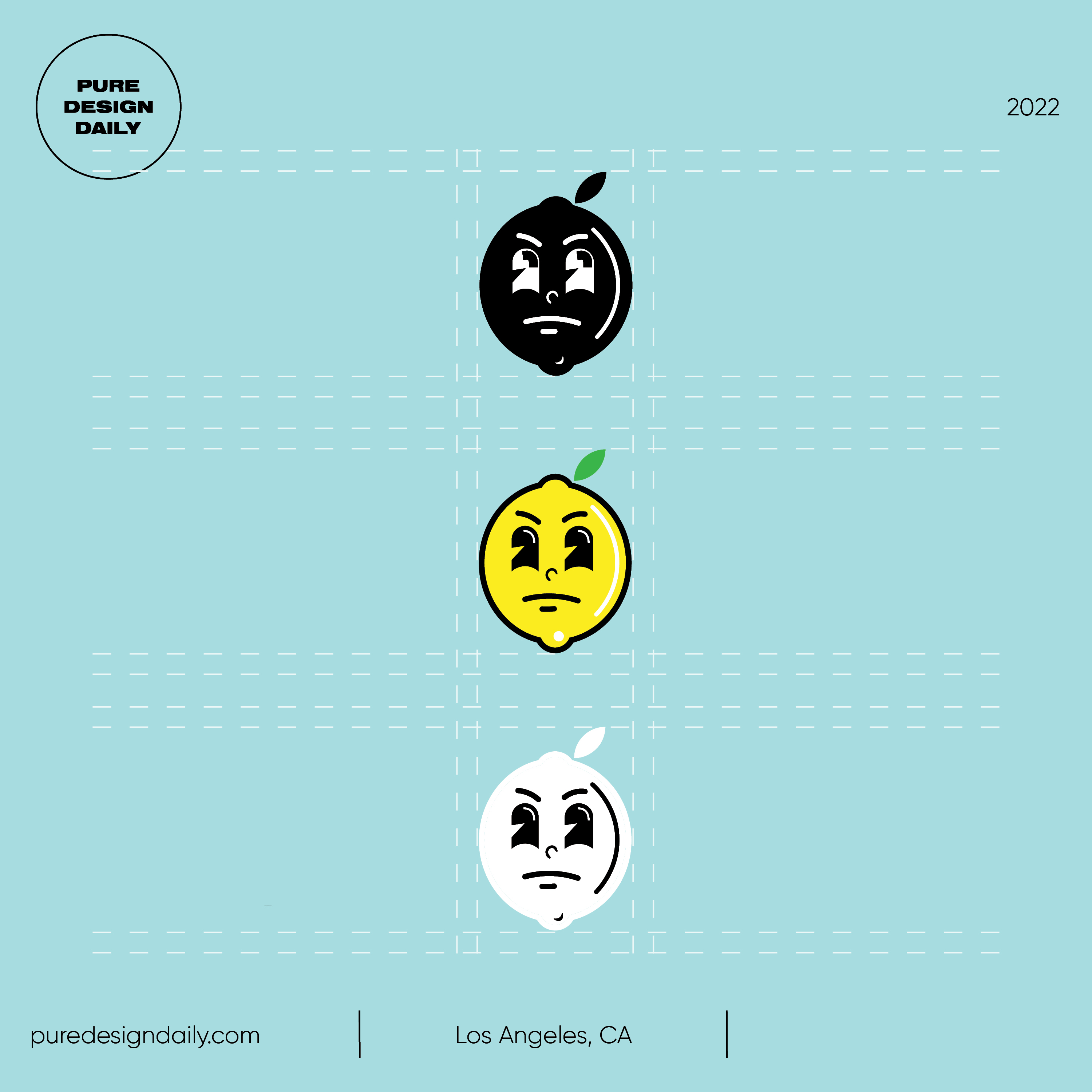 Logo of Pure Design Daily with stylized lemon faces in black, yellow, and white on a light blue background, including text 'puredesigndaily.com' and 'Los Angeles, CA'.