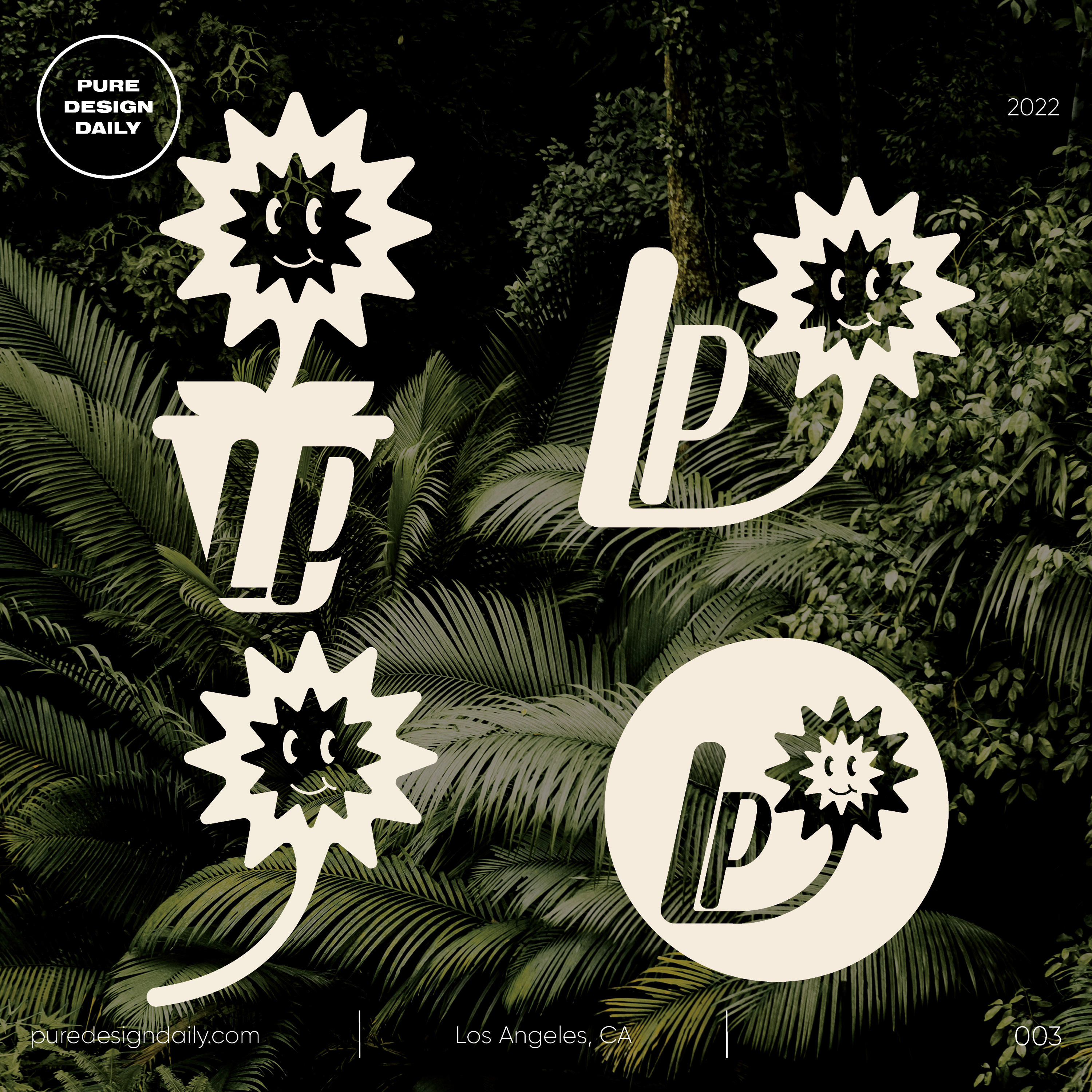 Four abstract sunflower designs with the letters 'LD' on a background of green tropical palm leaves.