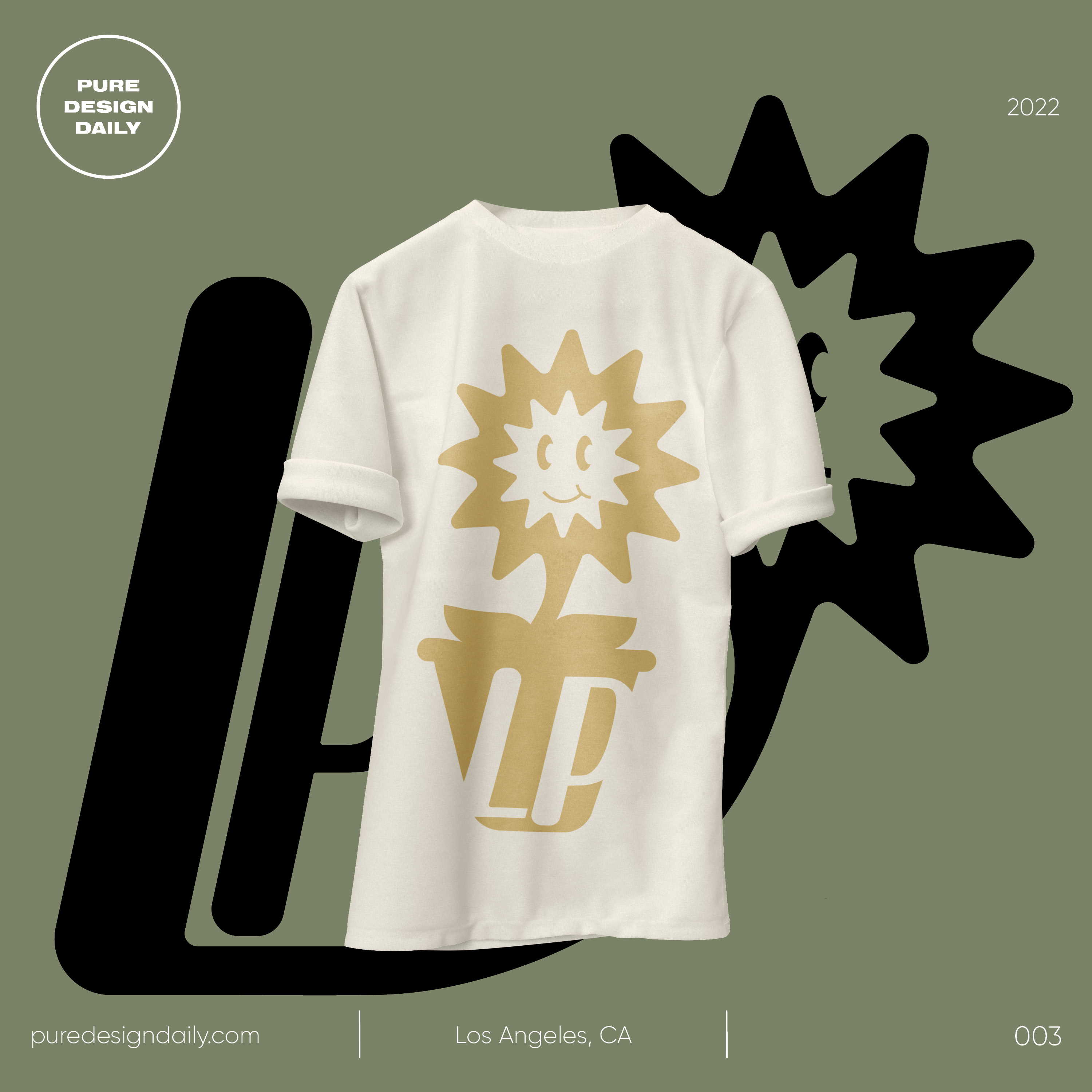 White t-shirt with a gold smiling sunflower in a pot featuring the letters LP on an olive green background.