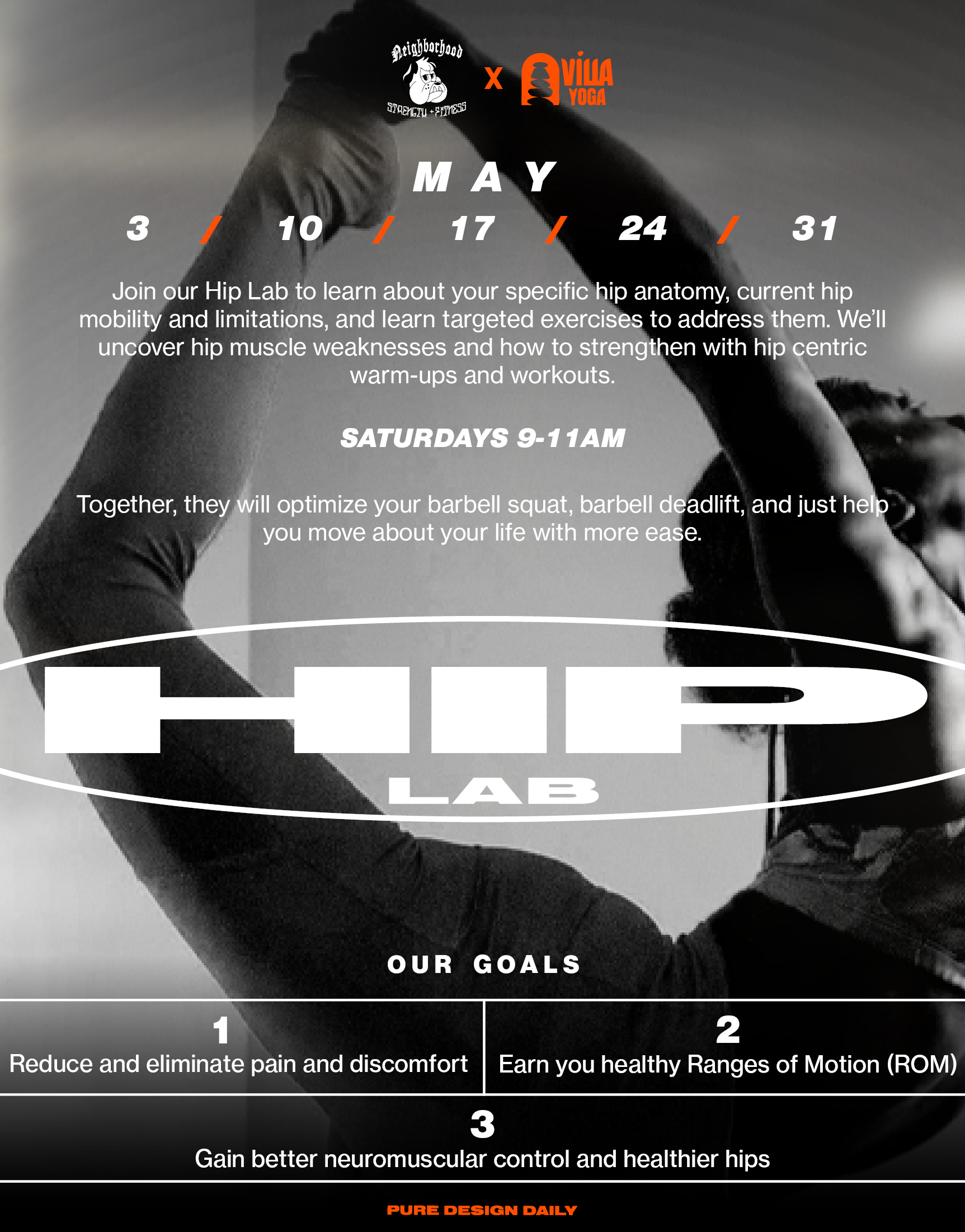 Flyer for Hip Lab yoga and fitness classes in May on Saturdays 9-11am, focusing on hip anatomy, mobility, and strengthening.