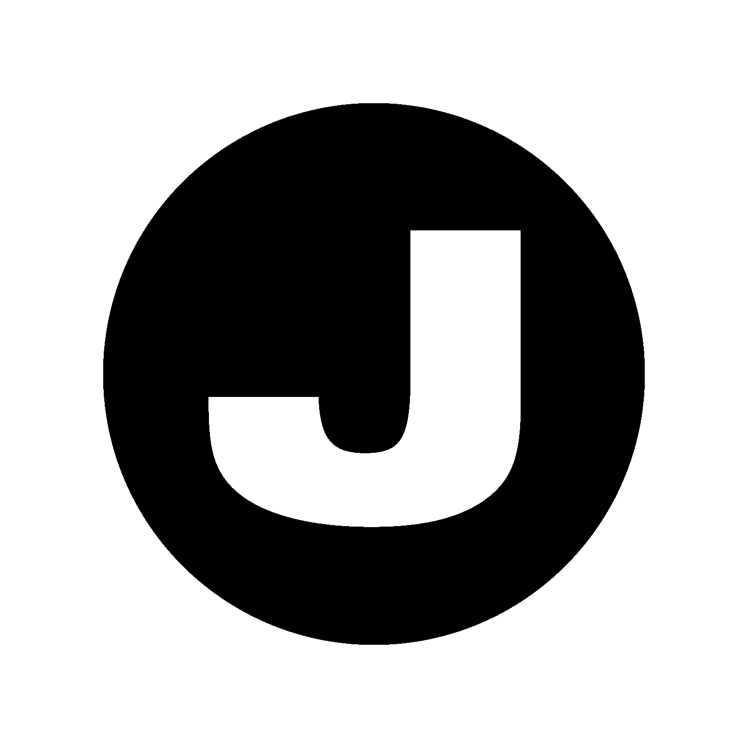 White letter J centered inside a solid black circle.