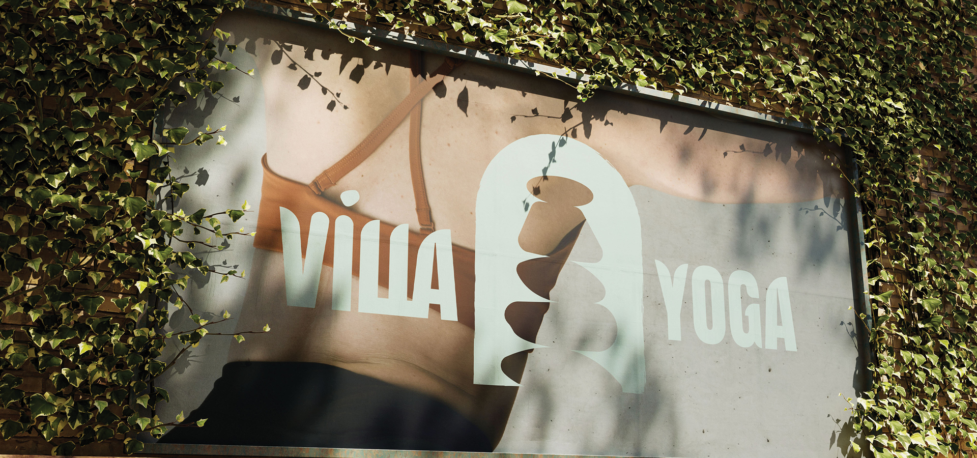 Outdoor billboard showing a woman's back in a sports bra with the text 'VILLA YOGA' and a logo of stacked, rounded stones, surrounded by green ivy.