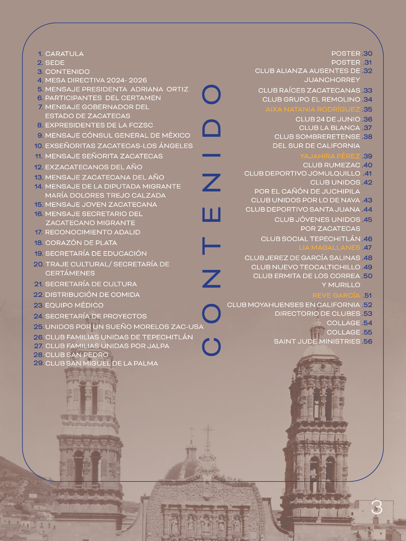 Table of contents in Spanish over a sepia photo of a historic church with two towers, listing topics and club names with page numbers.