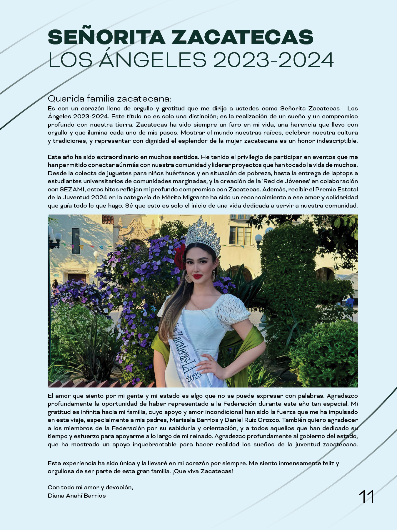 Señorita Zacatecas Los Ángeles 2023-2024 Diana Anahí Barrios posing outdoors wearing a crown, white dress, and sash in front of purple flowers.