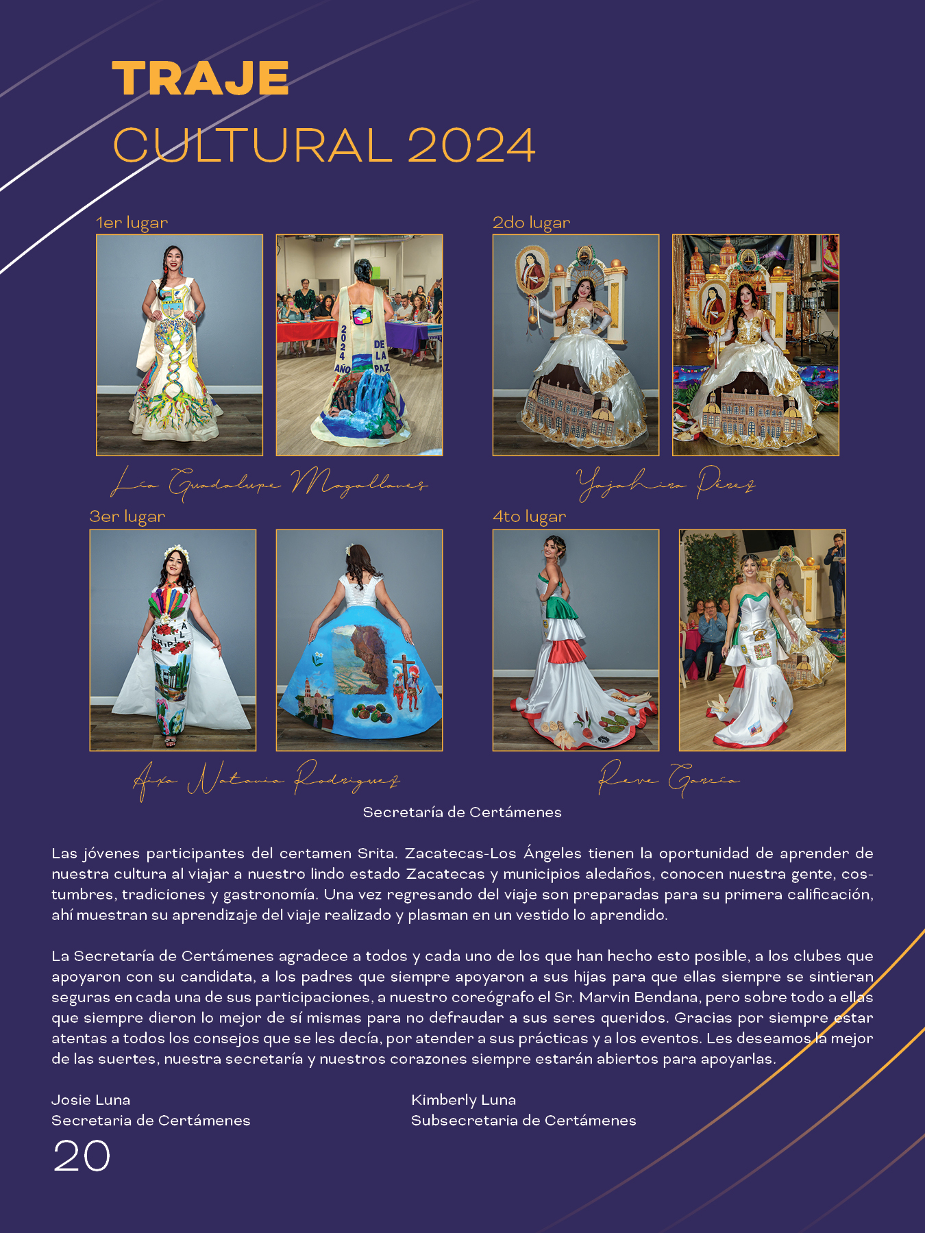 Page titled 'TRAJE CULTURAL 2024' showing four winners of a cultural dress contest wearing elaborate, themed gowns representing Zacatecas culture, with names and placement captions.